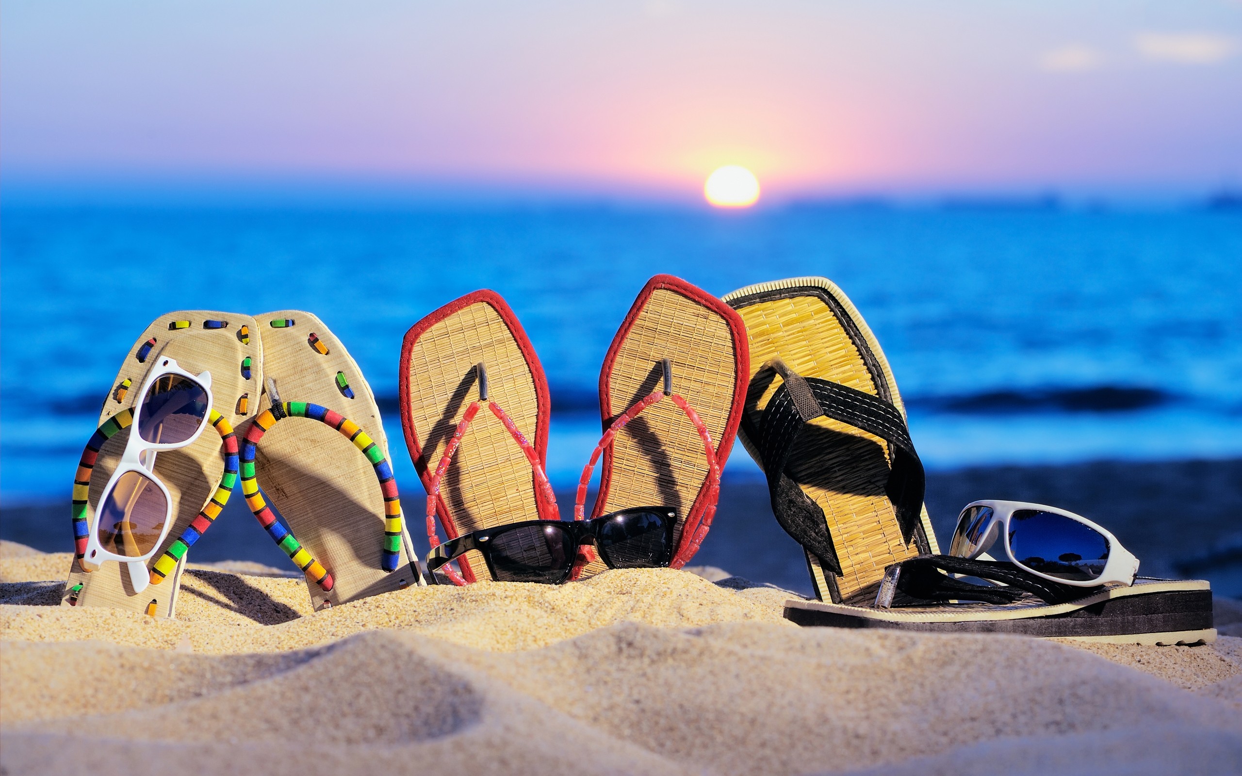 Sun, sand, sunglasses, sandals, flip flops, beaches - desktop wallpaper