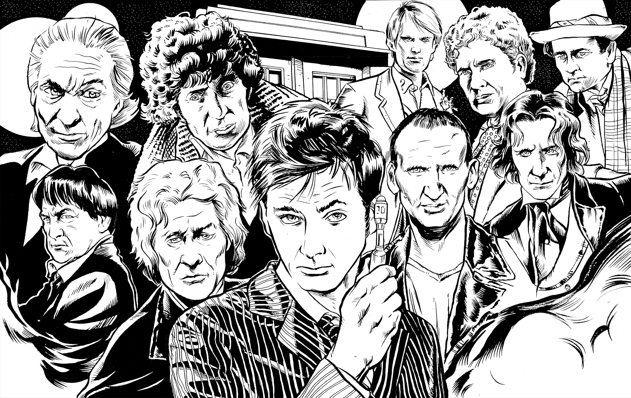 black and white, sketches, Fourth Doctor, doctors, Eleventh Doctor, artwork, Doctor Who, Tenth Doctor, Third Doctor, First Doctor, Eighth Doctor, Second Doctor, Ninth Doctor, Sixth Doctor, Fifth Doctor, Seventh Doctor - desktop wallpaper