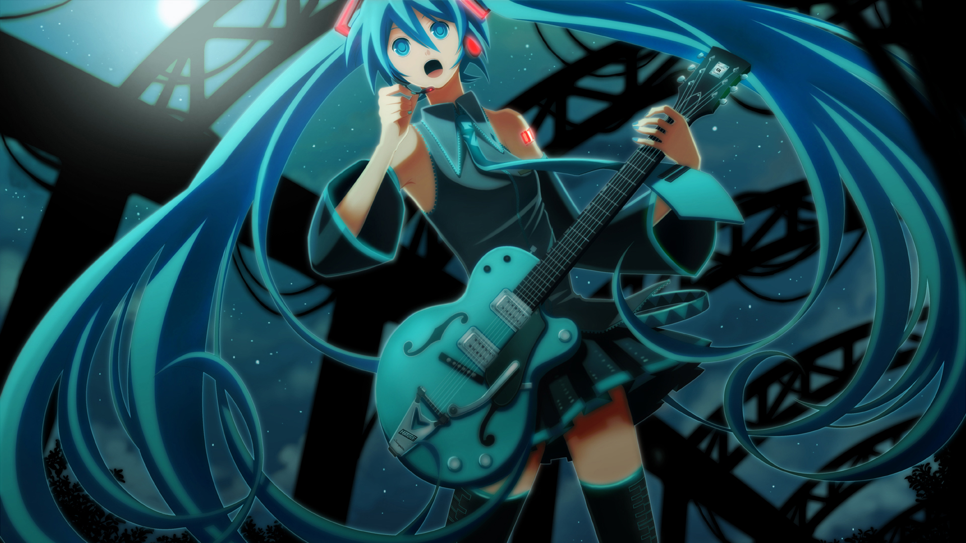 Vocaloid, Hatsune Miku, guitars, twintails, anime girls, detached sleeves - desktop wallpaper