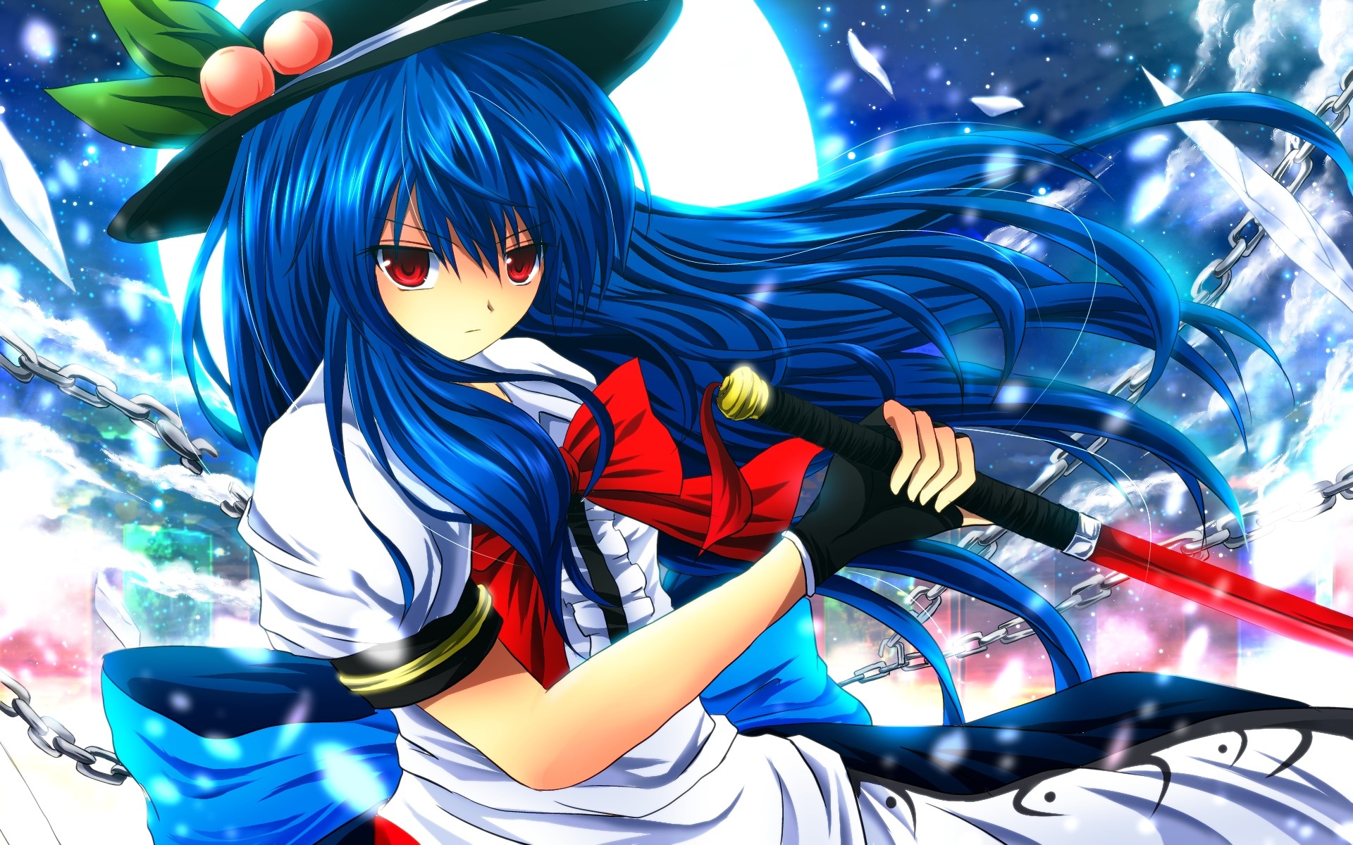video games, Touhou, long hair, blue hair, red eyes, Hinanawi Tenshi, hats, anime girls, Nekominase - desktop wallpaper