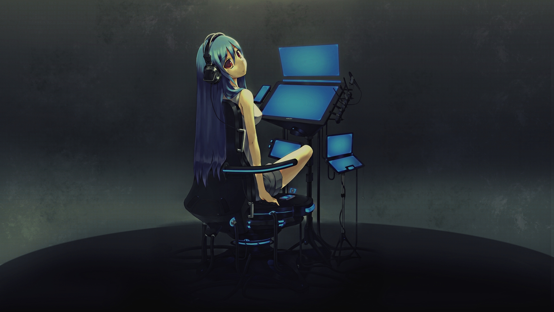 blue hair, red eyes, anime girls, original characters - desktop wallpaper