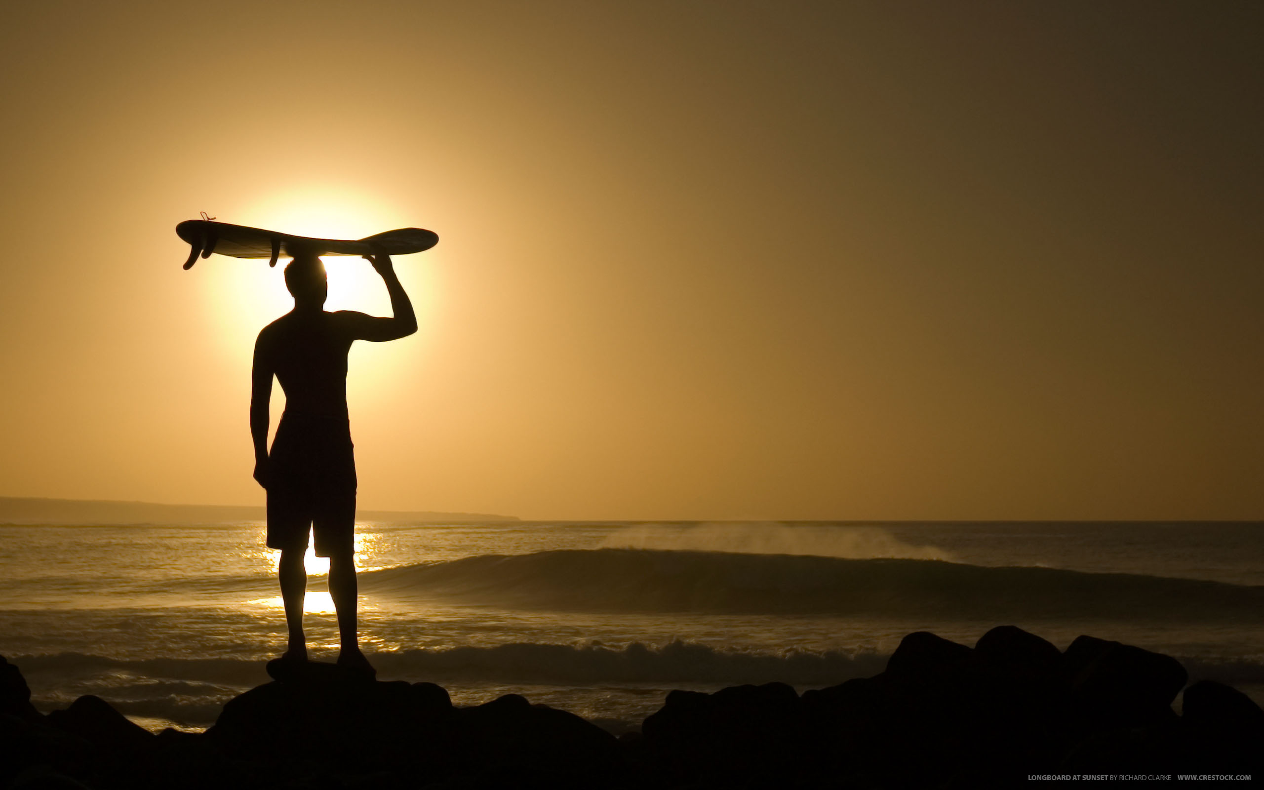 sunset, waves, silhouettes, surfing, longboard, beaches - desktop wallpaper