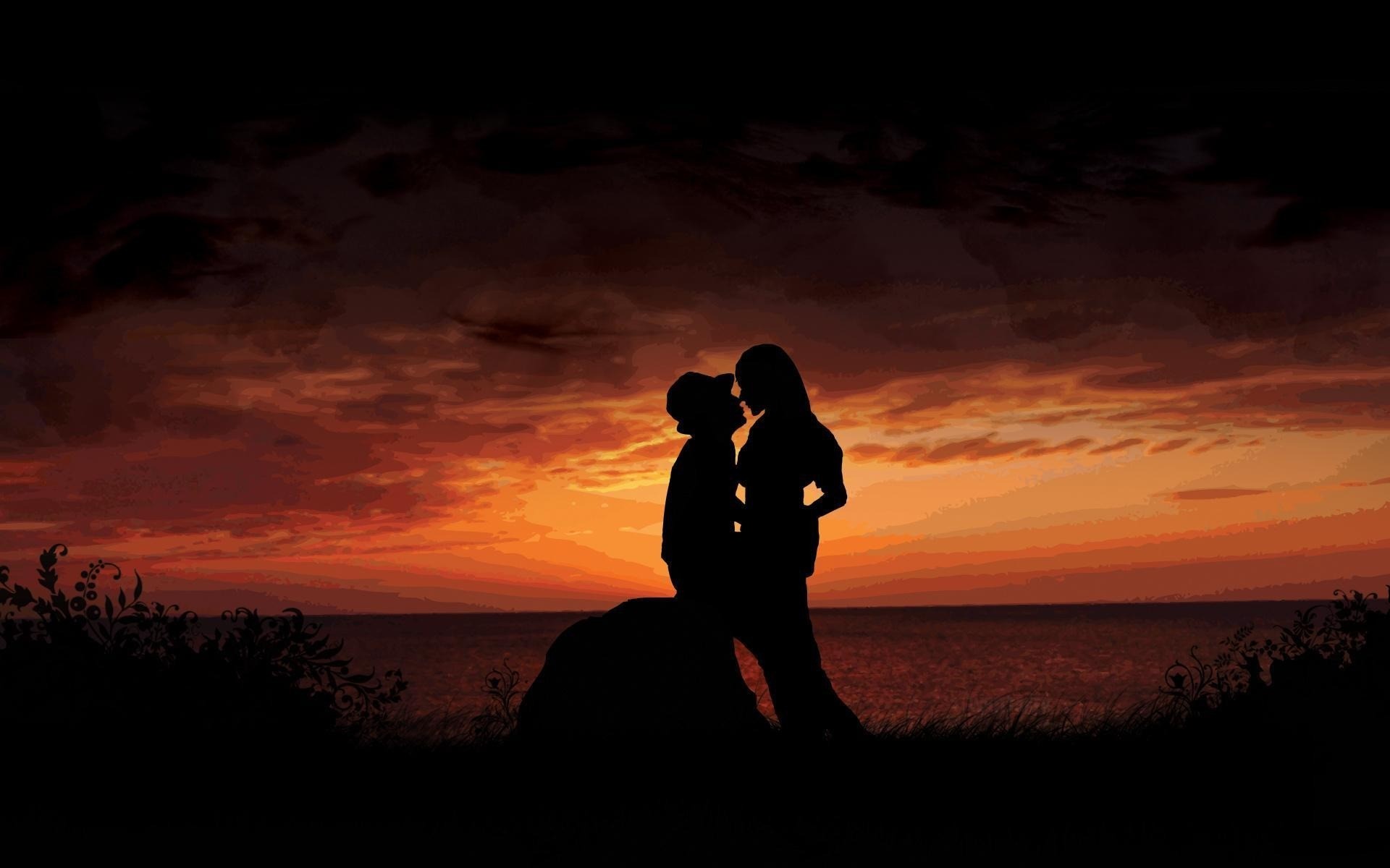 sunset, love, silhouettes - desktop wallpaper