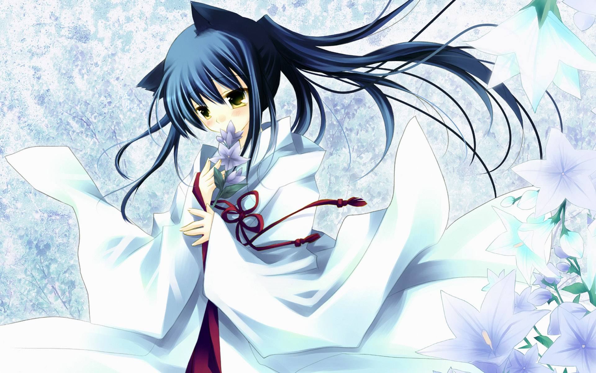 dress, flowers, nekomimi, blue hair, animal ears, Miko, yellow eyes, Japanese clothes, anime girls - desktop wallpaper