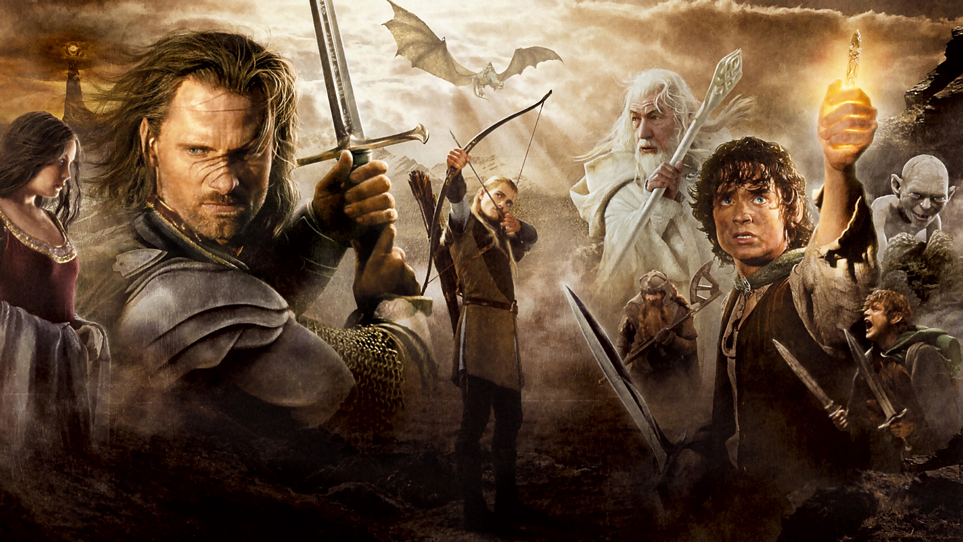 Gandalf, Sauron, The Lord of the Rings, Aragorn, Gollum, Gimli, nazgul, Legolas, Arwen Undomiel, Samwise Gamgee, The Return of the King, Frodo Baggins - desktop wallpaper