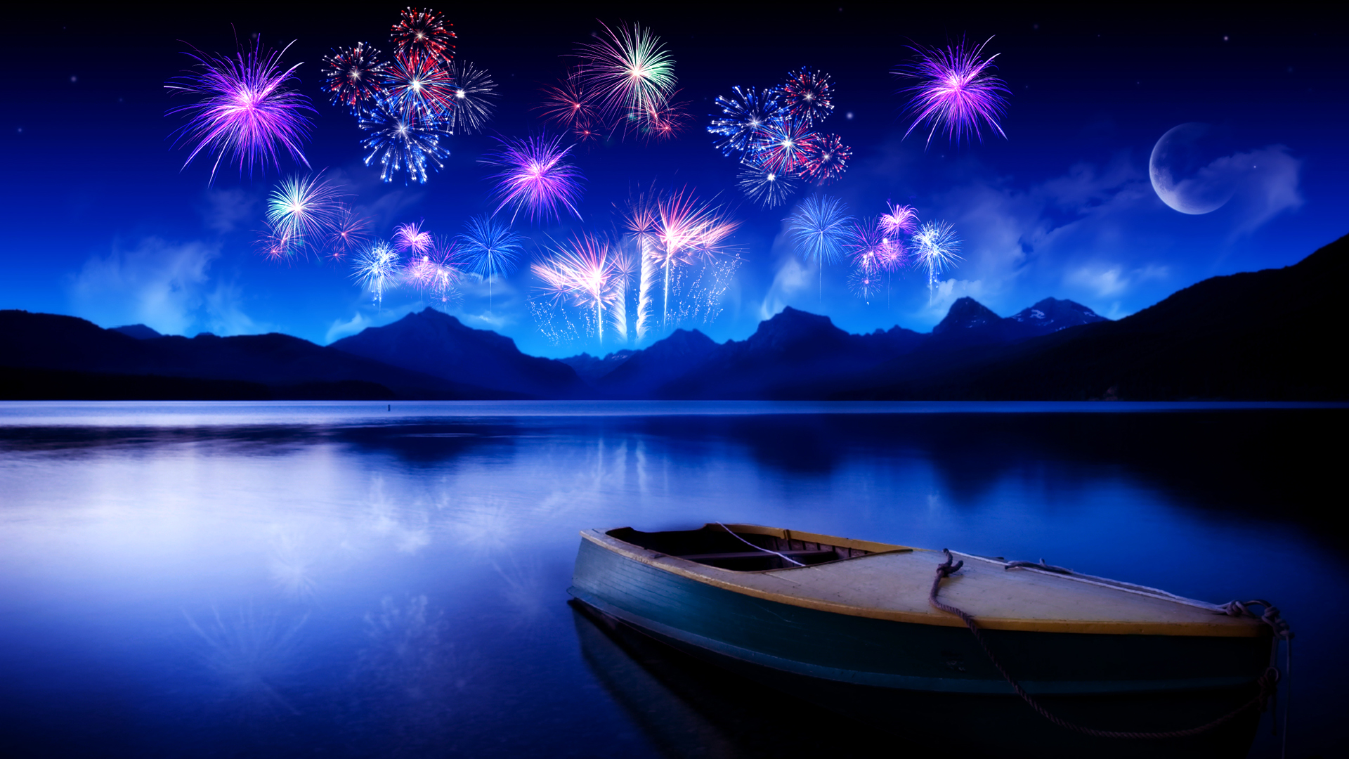mountains, Moon, fireworks, ships, vehicles, lakes - desktop wallpaper