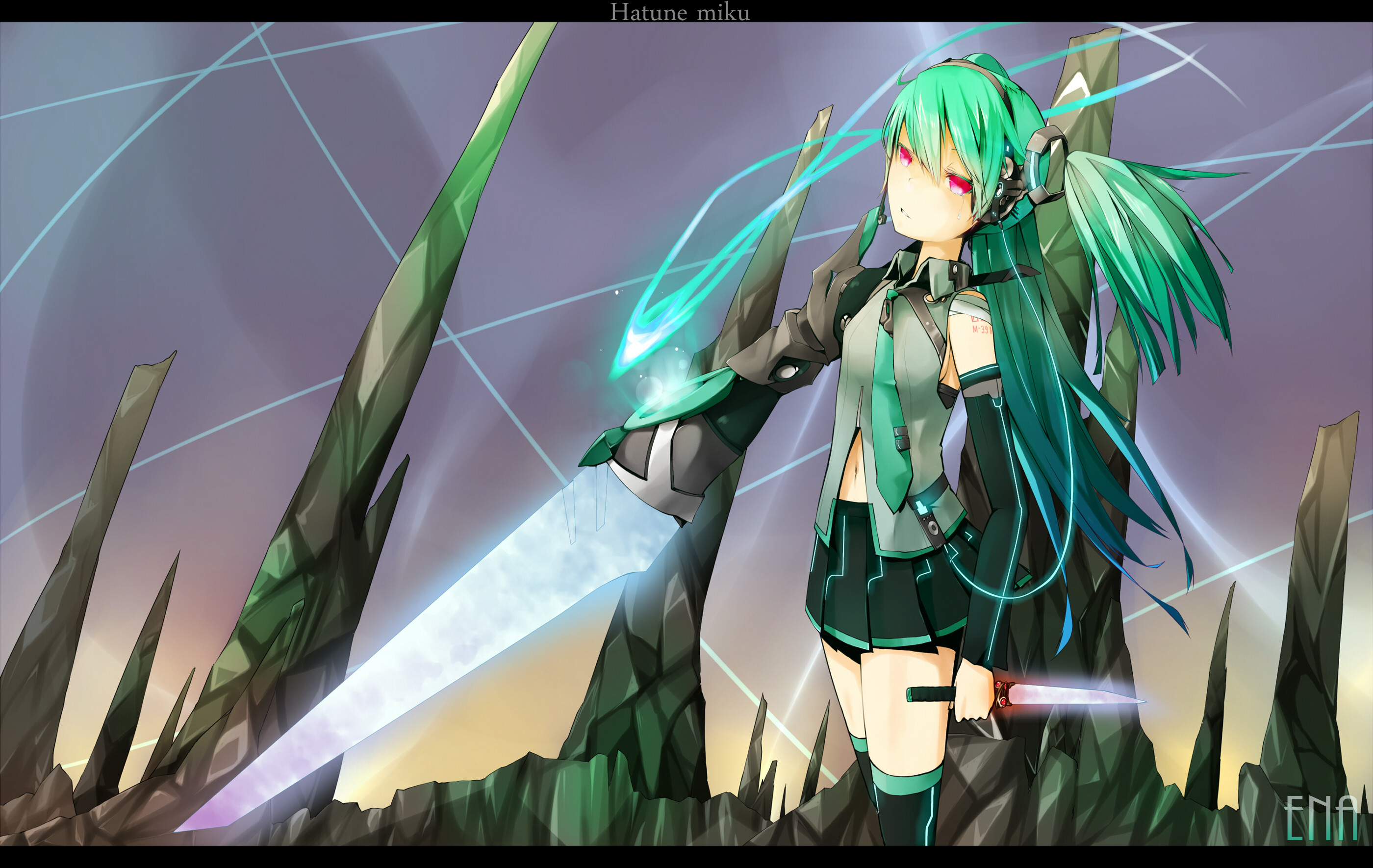 Vocaloid, Hatsune Miku, weapons, twintails, daggers, anime girls, detached sleeves, swords - desktop wallpaper