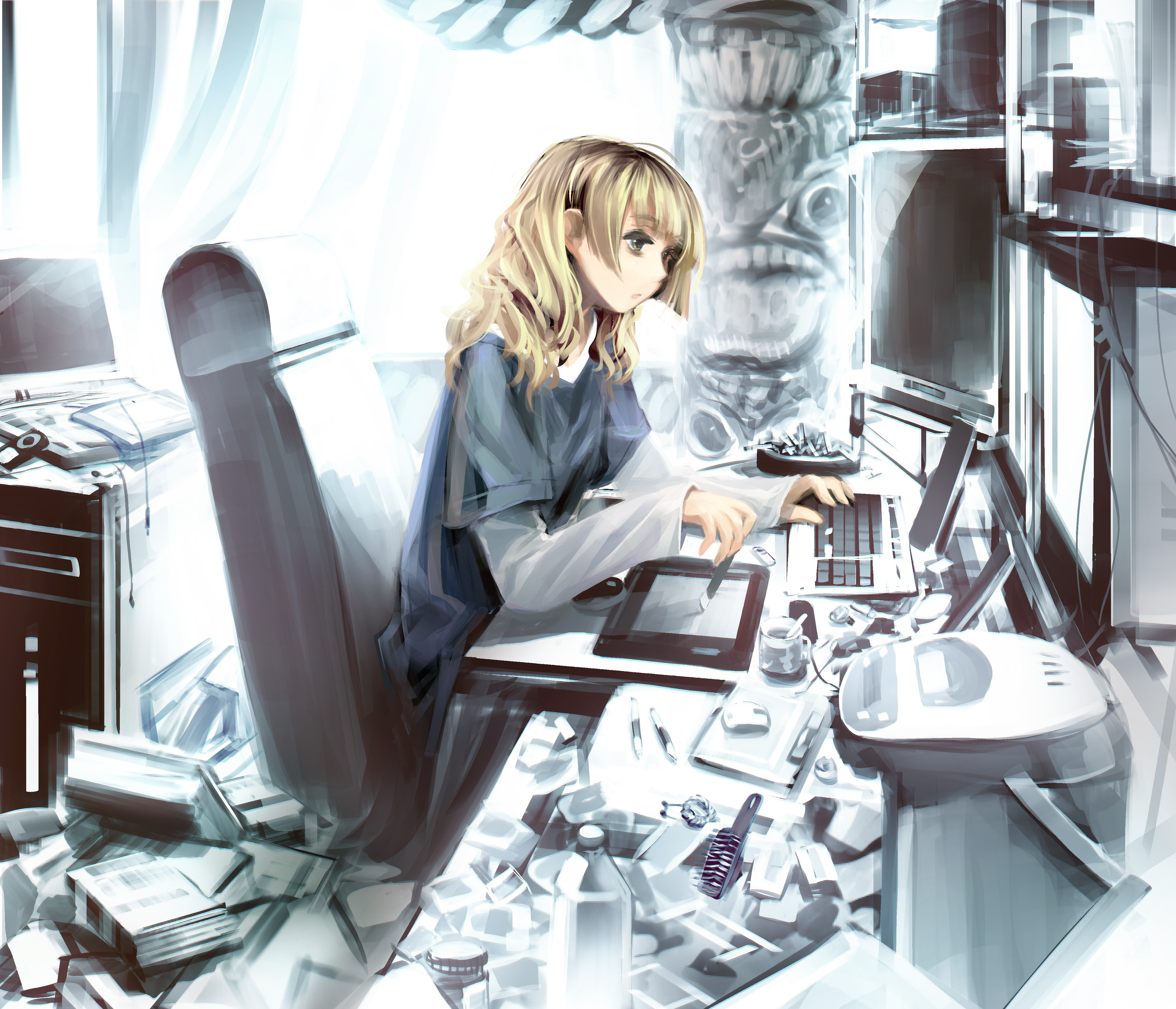 blondes, computers, indoors, room, keyboards, long hair, tables, mess, yellow eyes, messy, chairs, t-shirts, sitting, graphics tablets, soft shading, anime girls, hime cut, mp3 player, totem pole, Oekaki Musume, bangs, original characters - desktop wallpaper