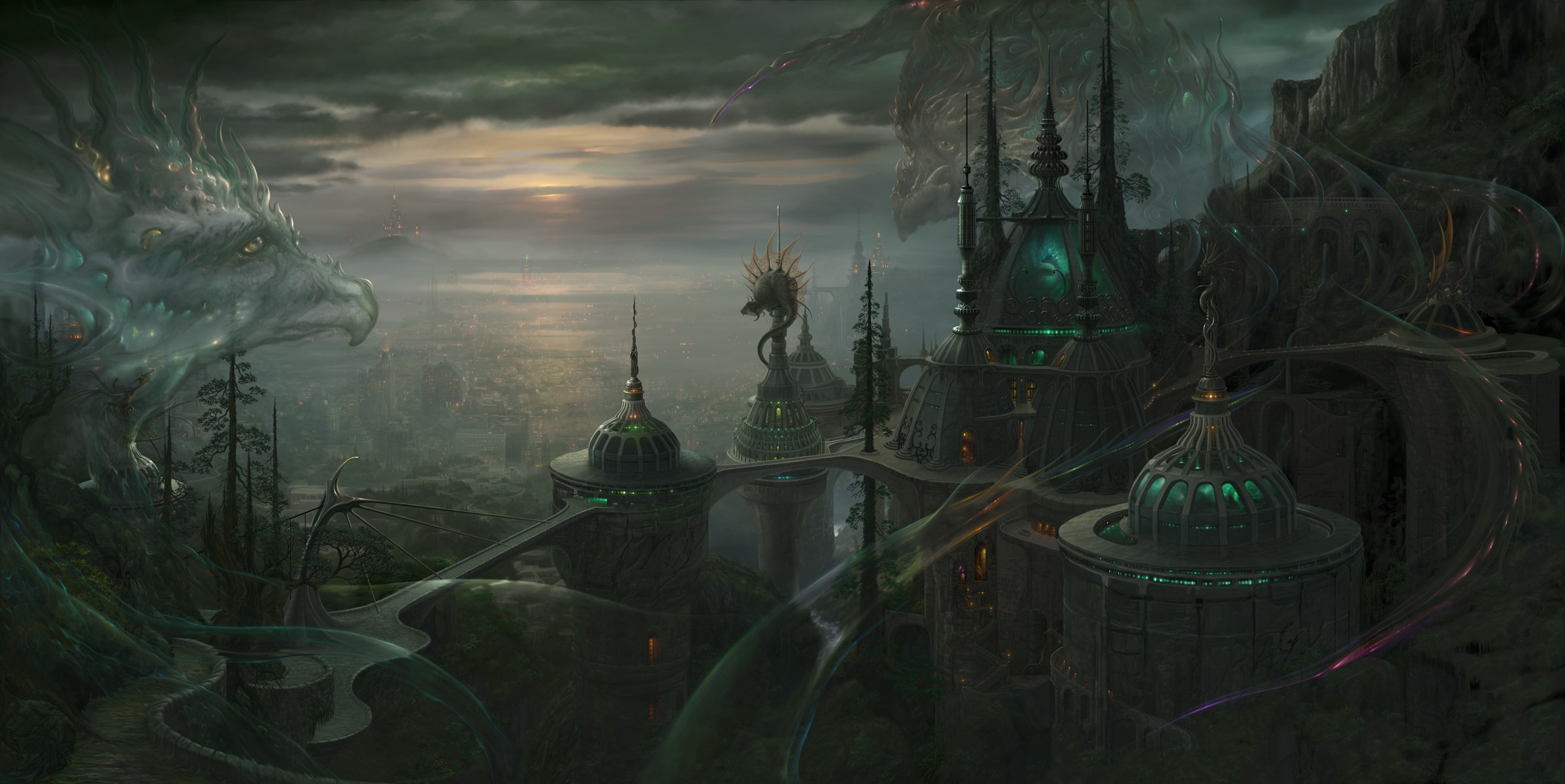 fantasy, cityscapes, dark, dragons, urban, buildings, anime, cities - desktop wallpaper