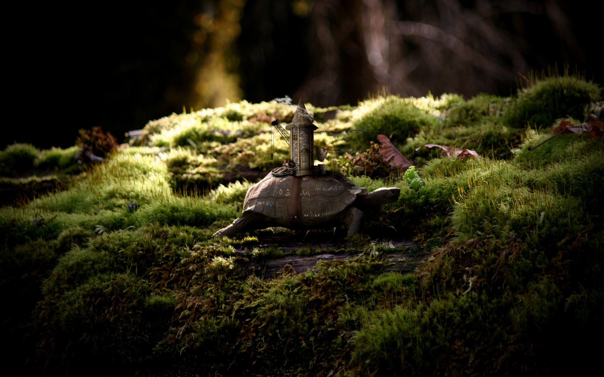 nature, tower, turtles, fantasy art, miniature, moss, tortoises - desktop wallpaper