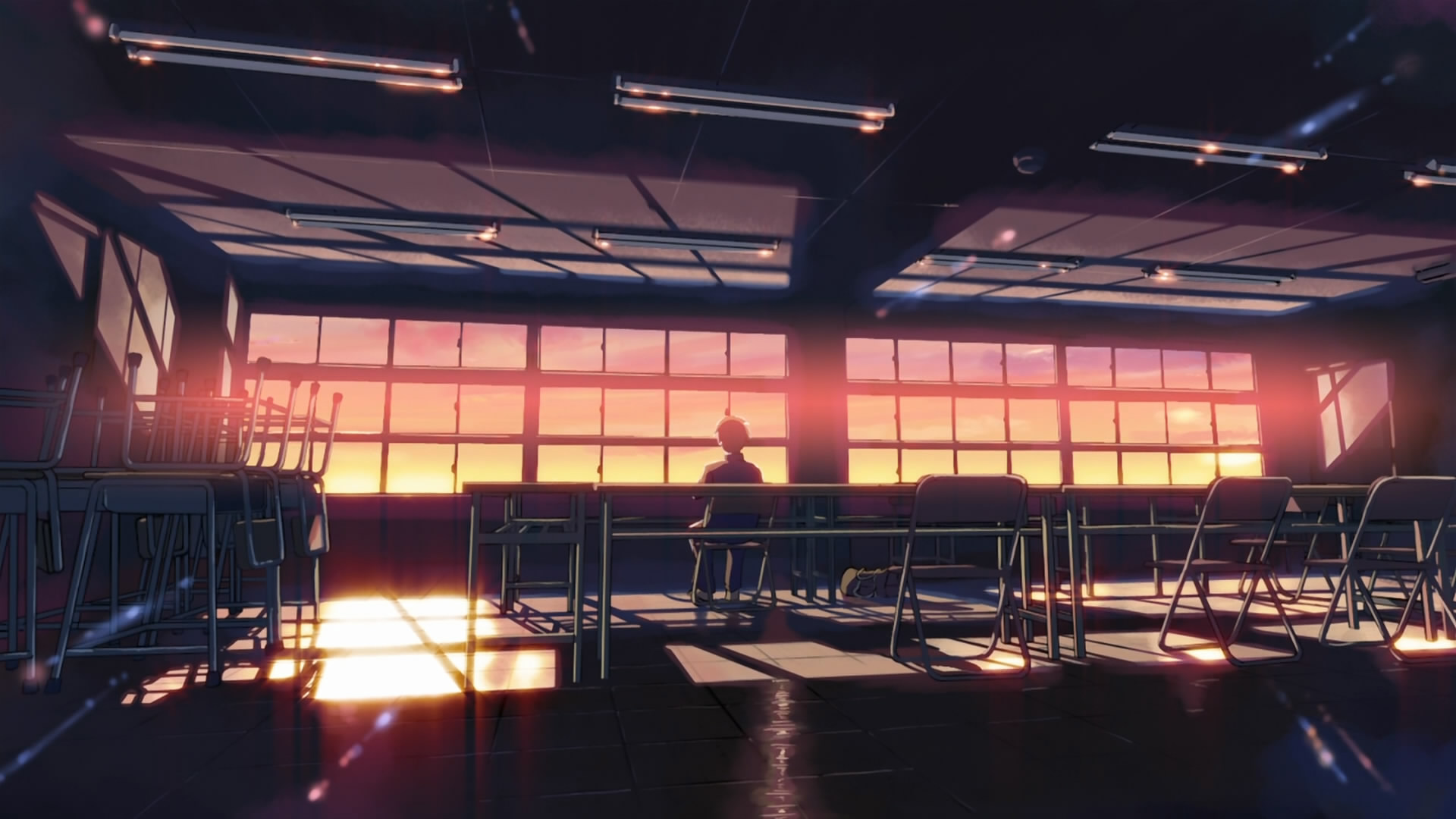 school, classroom, Makoto Shinkai, lonely, sunlight, 5 Centimeters Per Second, desks, chill - desktop wallpaper