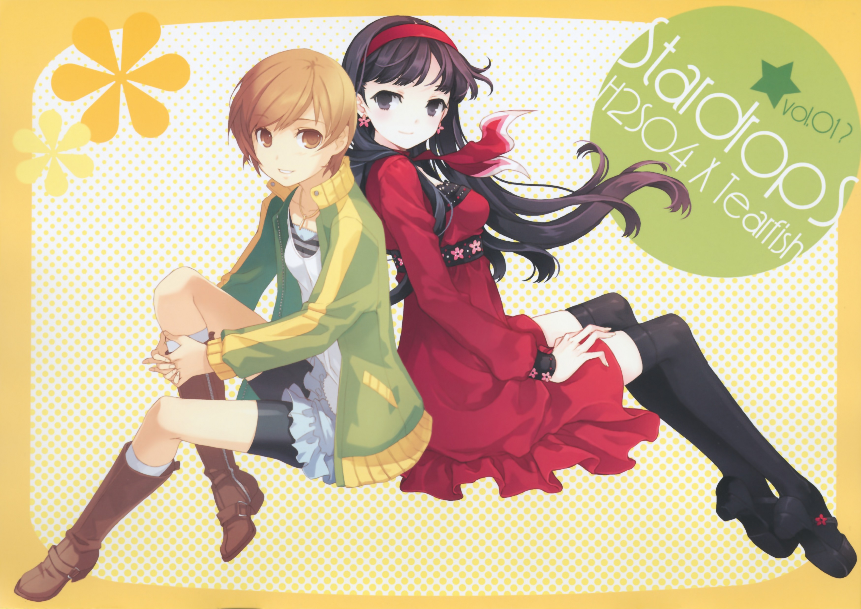 Persona series, thigh highs, Persona 4, H2SO4 (Illustrator), scans, Satonaka Chie, Amagi Yukiko - desktop wallpaper