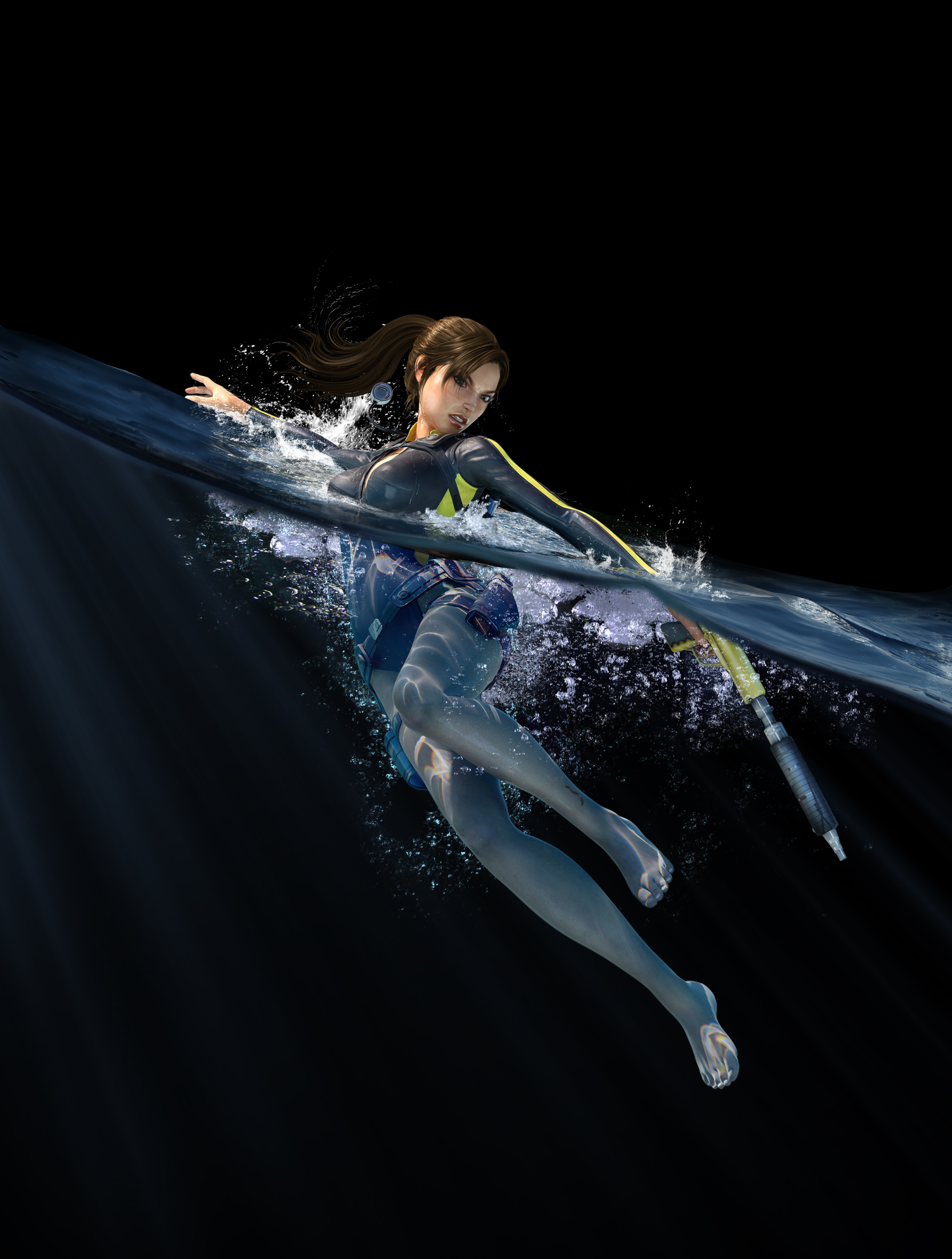 women, water, video games, Tomb Raider, Lara Croft, barefoot, black background, harpoon - desktop wallpaper
