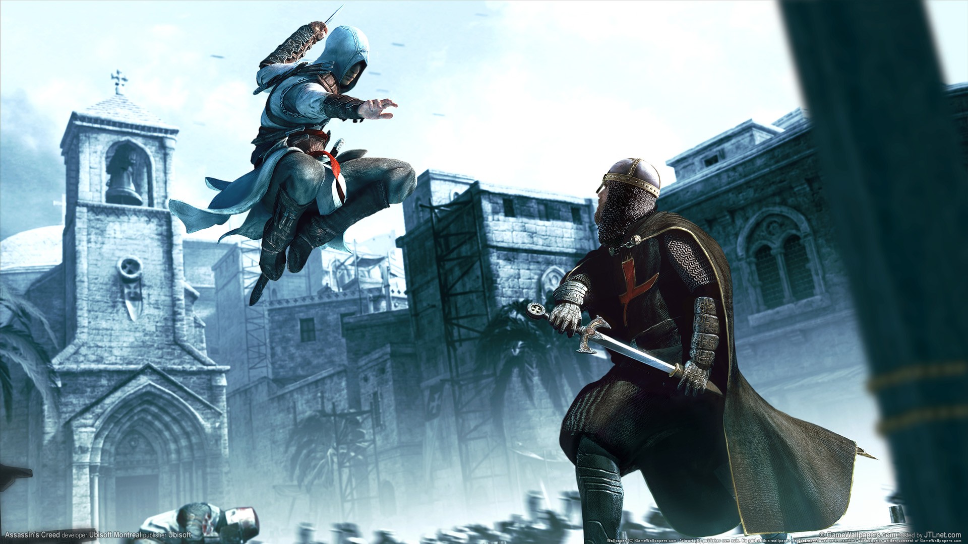 video games, Assassins Creed, Altair Ibn La Ahad, jumping, armor, swords - desktop wallpaper