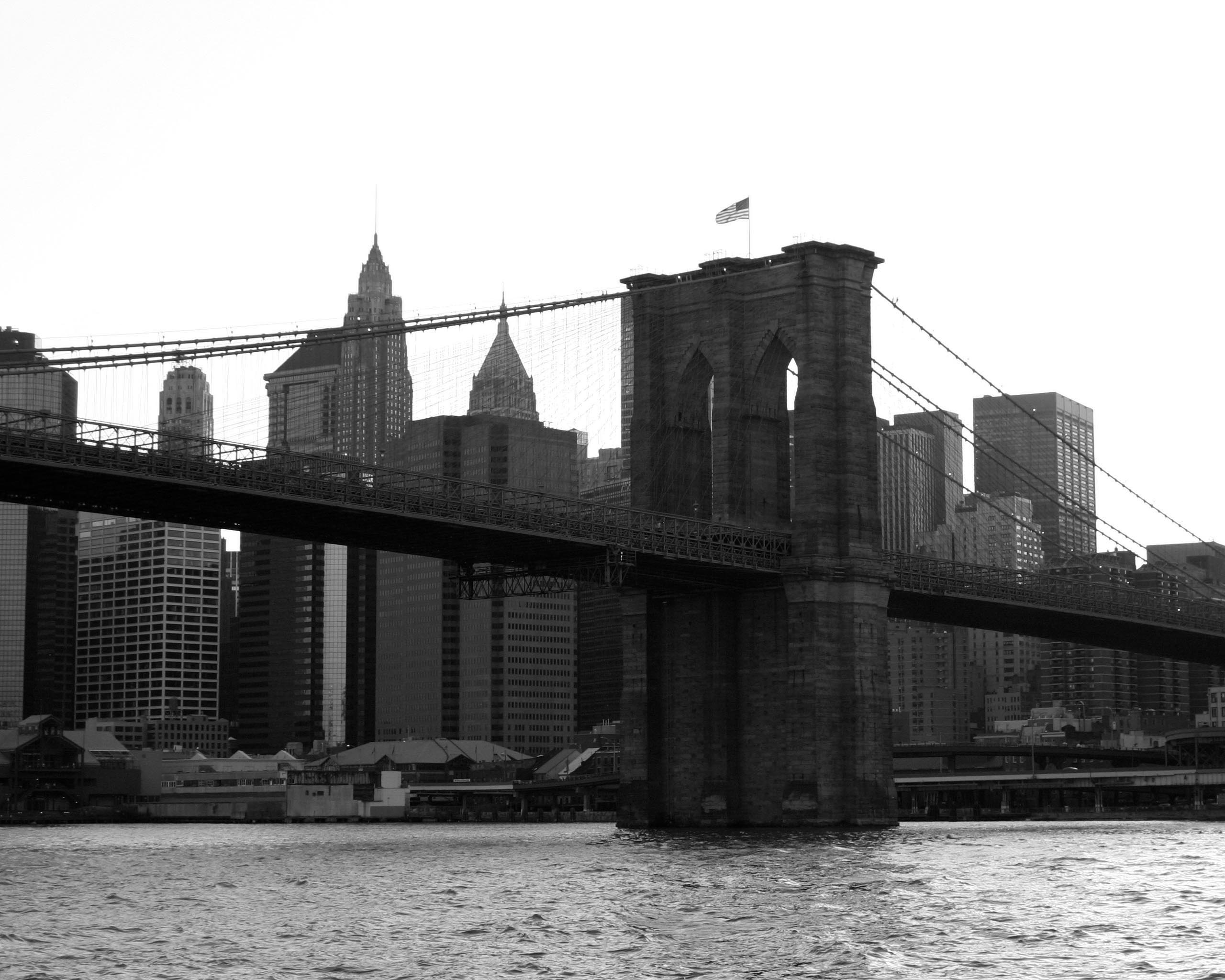 bridges, Brooklyn Bridge, flags, New York City, Manhattan, grayscale, monochrome, American Flag - desktop wallpaper