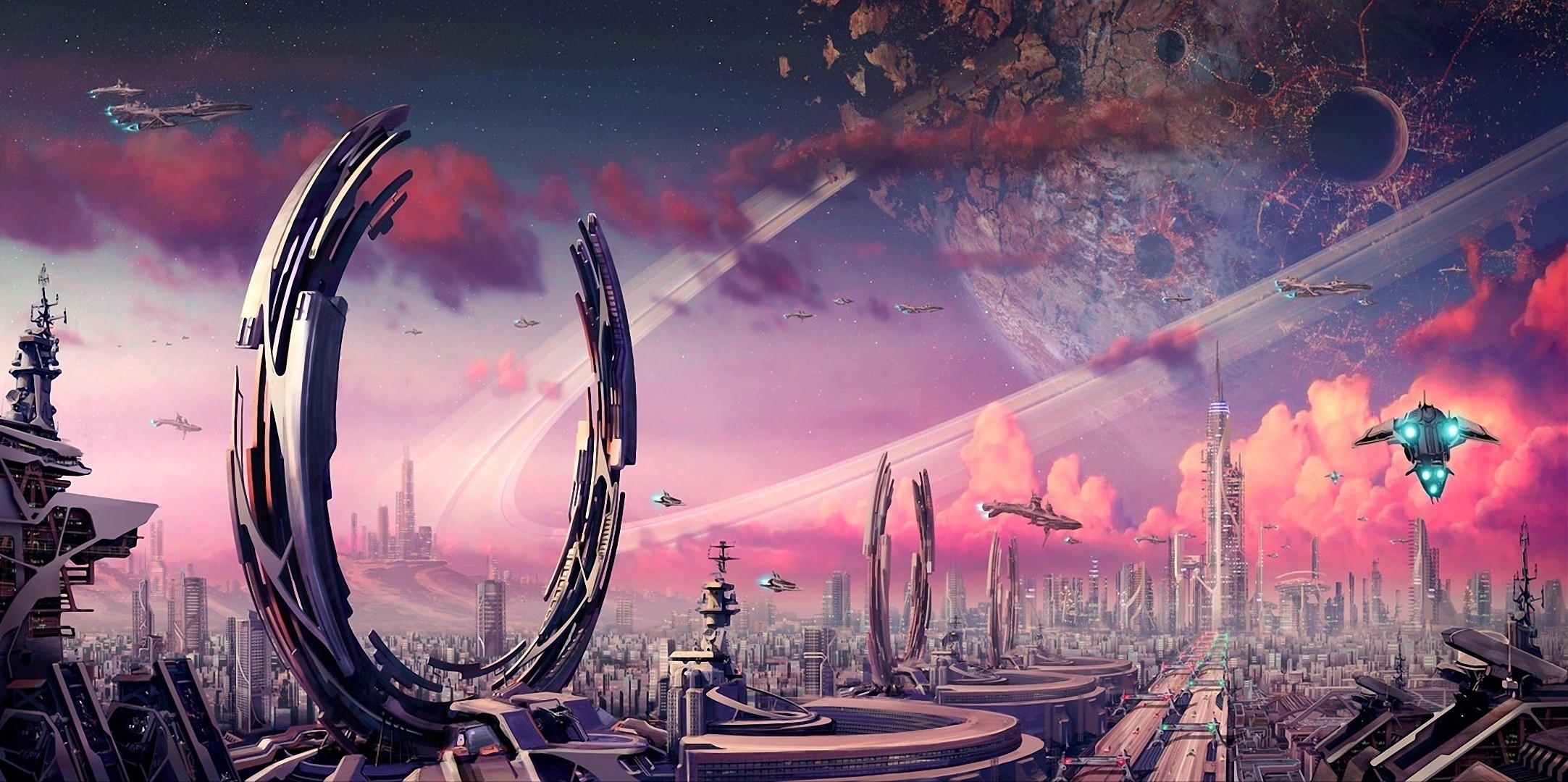 cityscapes, futuristic, spaceships, artwork - desktop wallpaper