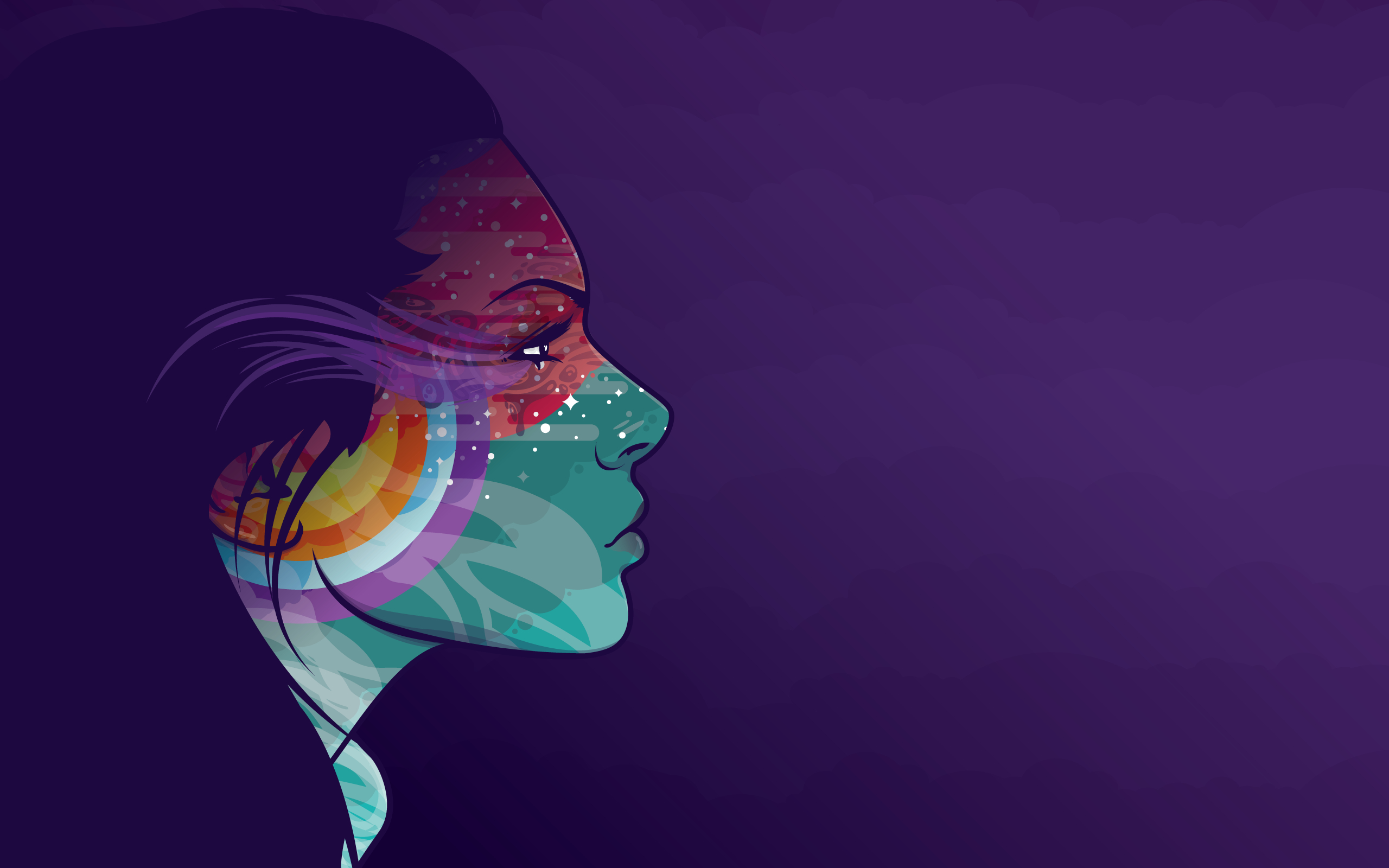 women, multicolor, rainbows, profile, faces, JThree Concepts, purple background, Jared Nickerson - desktop wallpaper