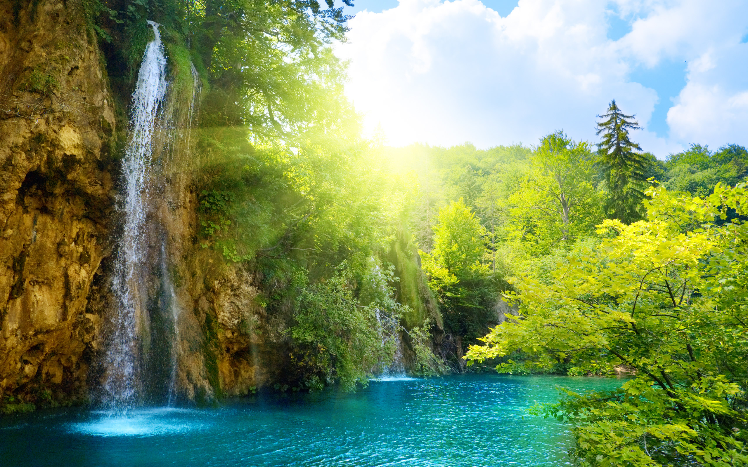 landscapes, nature, sunlight, lakes, waterfalls - desktop wallpaper