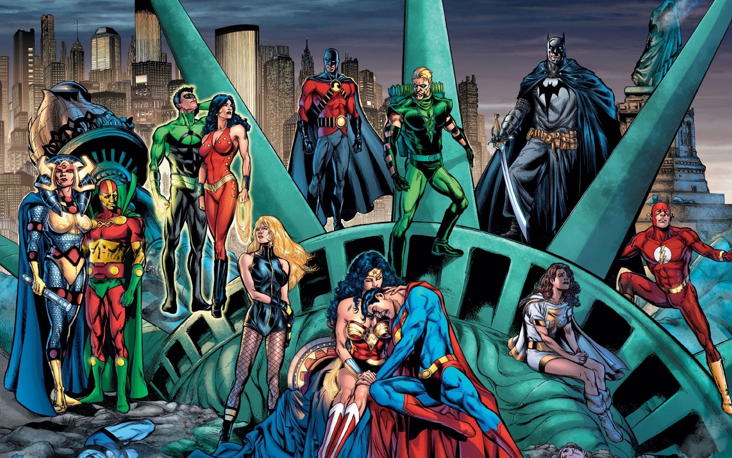 Batman, DC Comics, comics, Superman, New York City, Statue of Liberty, The Flash, Flash (superhero), Wonder Woman - desktop wallpaper