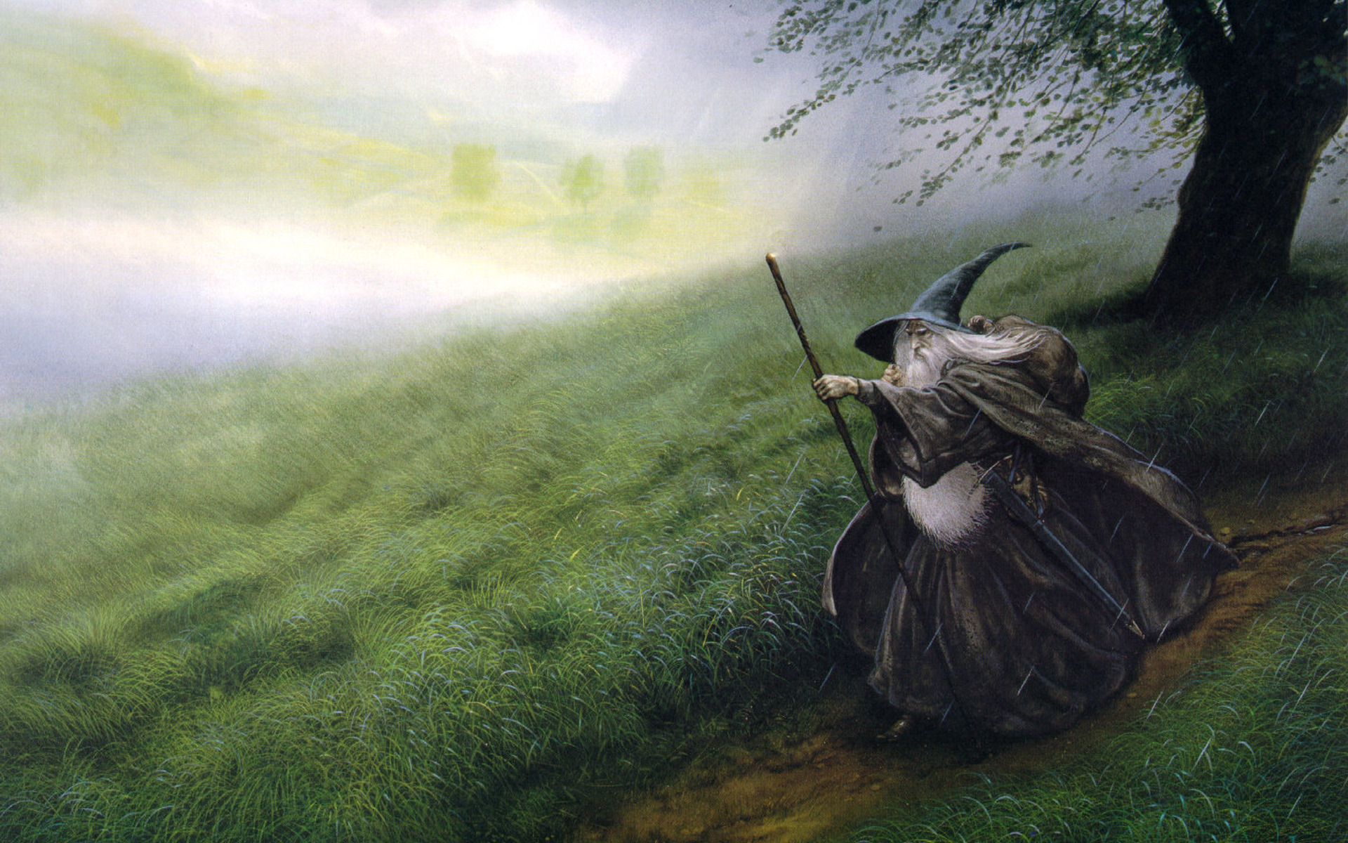 Gandalf, The Lord of the Rings, The Hobbit, John Howe, The Shire - desktop wallpaper