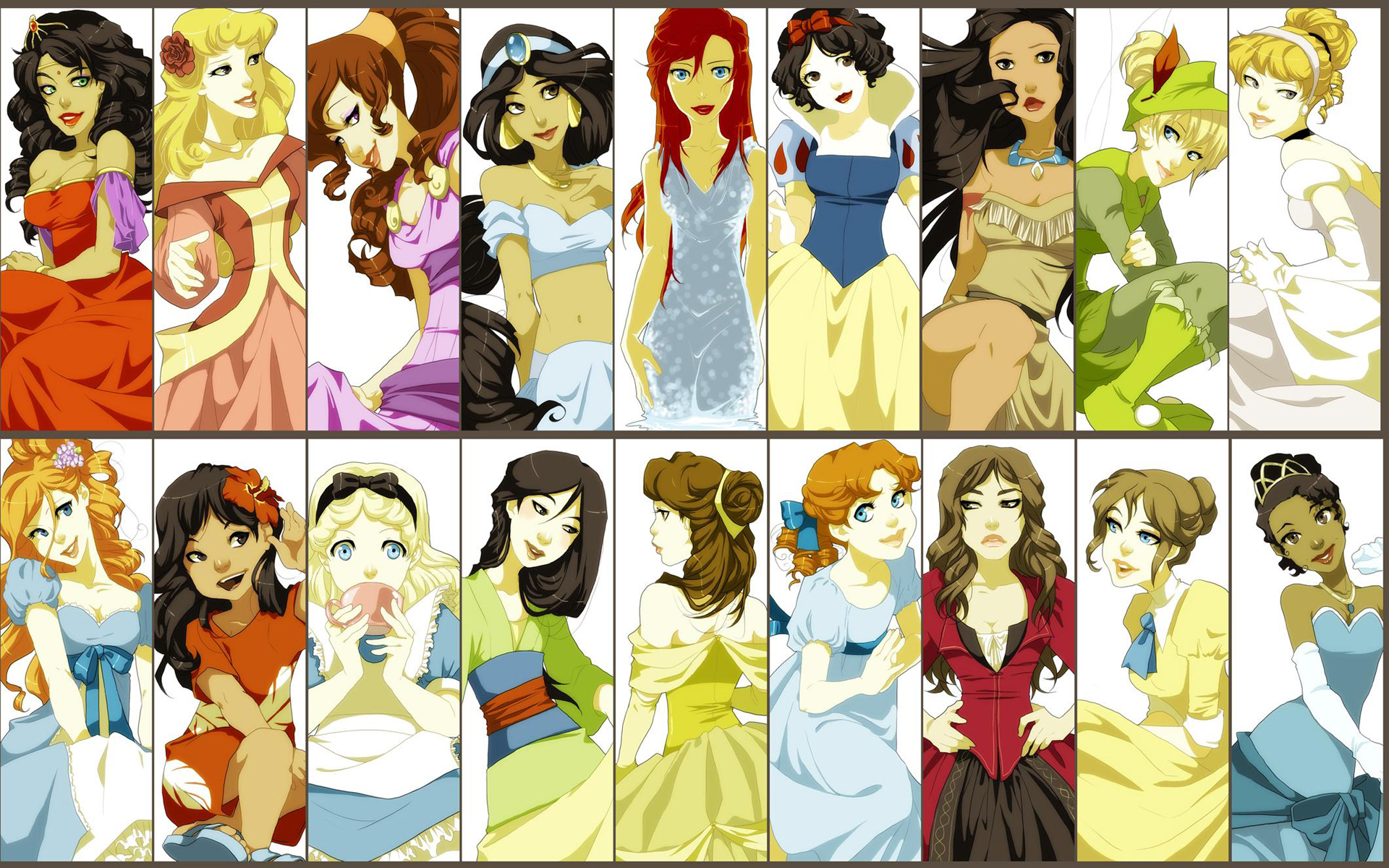 Disney Company, Alice in Wonderland, alternative art, Snow White, Pocahontas, Cinderella, Mulan, Lilo And Stitch, Princess Jasmine, Ariel (Mermaid), Belle (Disney), Jane, alternate art - desktop wallpaper