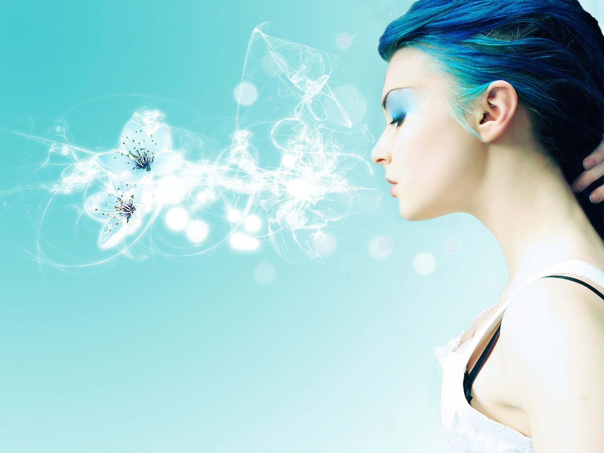 women, blue hair - desktop wallpaper