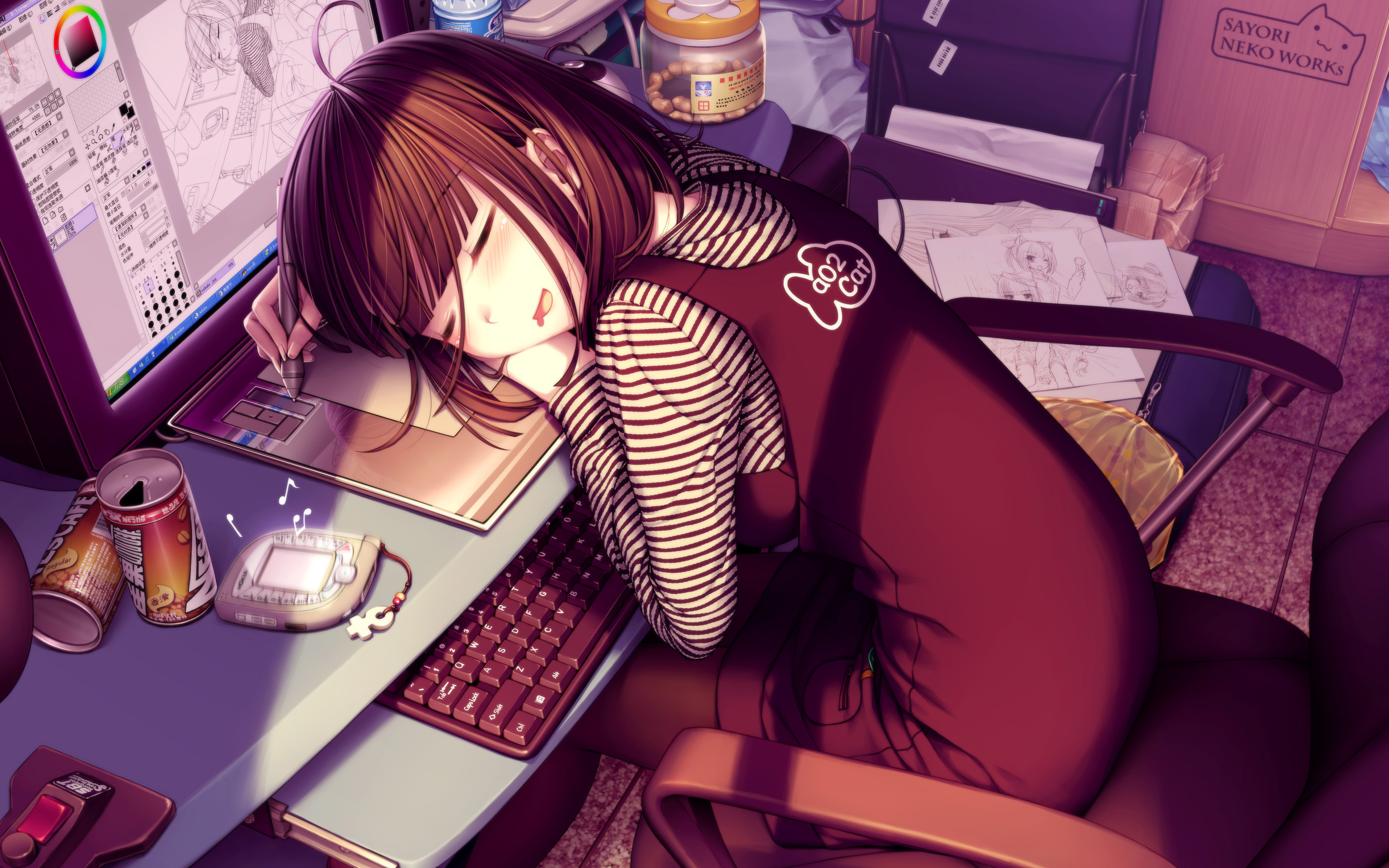 keyboards, sleeping, Sayori Neko Works, anime girls, Oekaki Musume, screens - desktop wallpaper