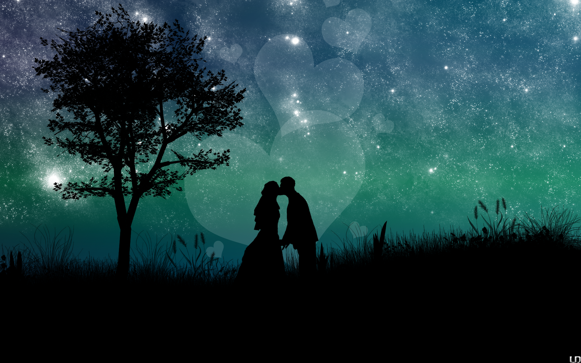 love, trees, night, kissing - desktop wallpaper