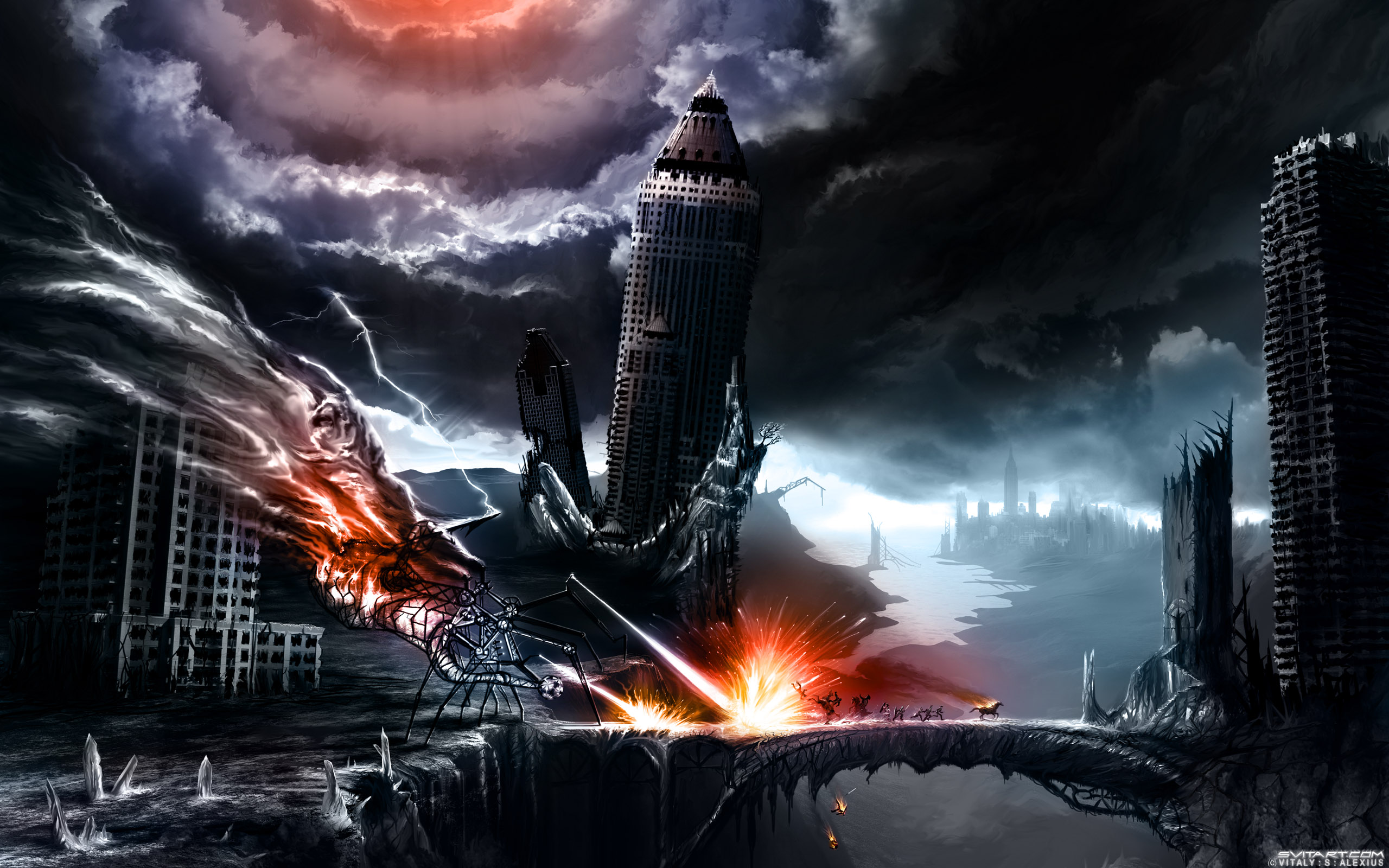 monsters, post-apocalyptic, bridges, The Lord of the Rings, fantasy art, horses, skyscrapers, digital art, sparks, running, crossovers, modern, apocalyptic, Romantically Apocalyptic, Vitaly S Alexius, Moria - desktop wallpaper