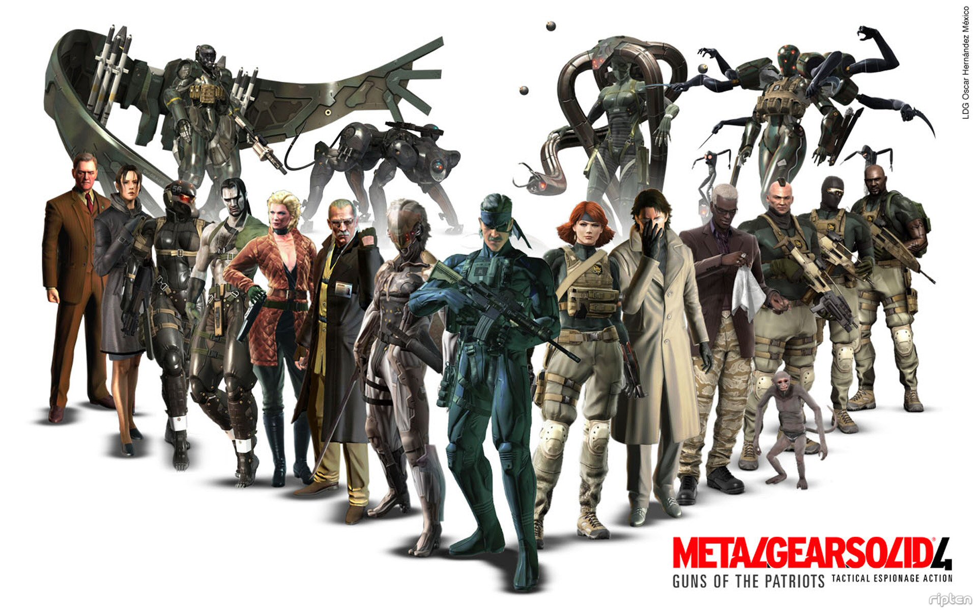 women, video games, men, old snake, science fiction, assault rifle, Raiden, monkeys, Revolver Ocelot, white background, Metal Gear Solid 4, Liquid Snake - desktop wallpaper