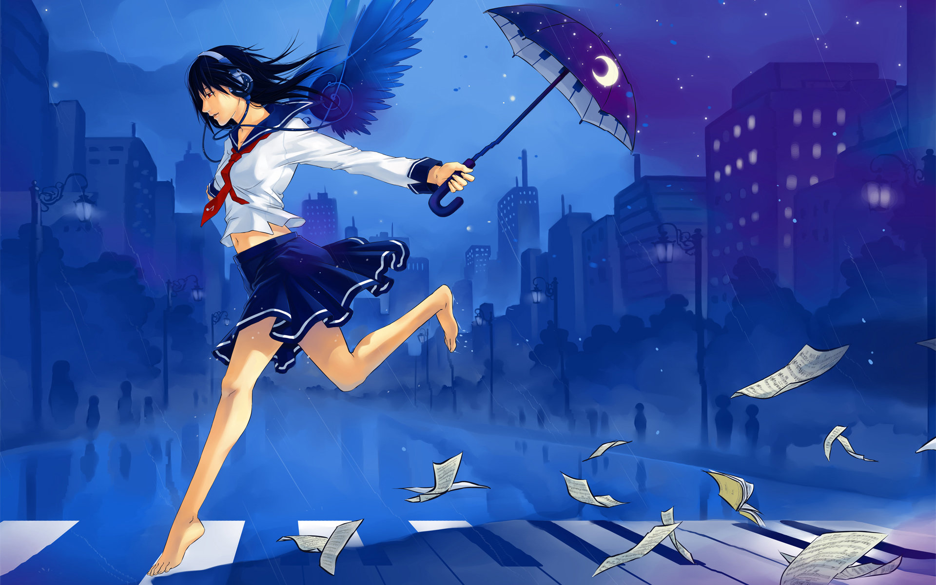 headphones, abstract, music, skirts, blue hair, red eyes, artwork, umbrellas, anime girls - desktop wallpaper