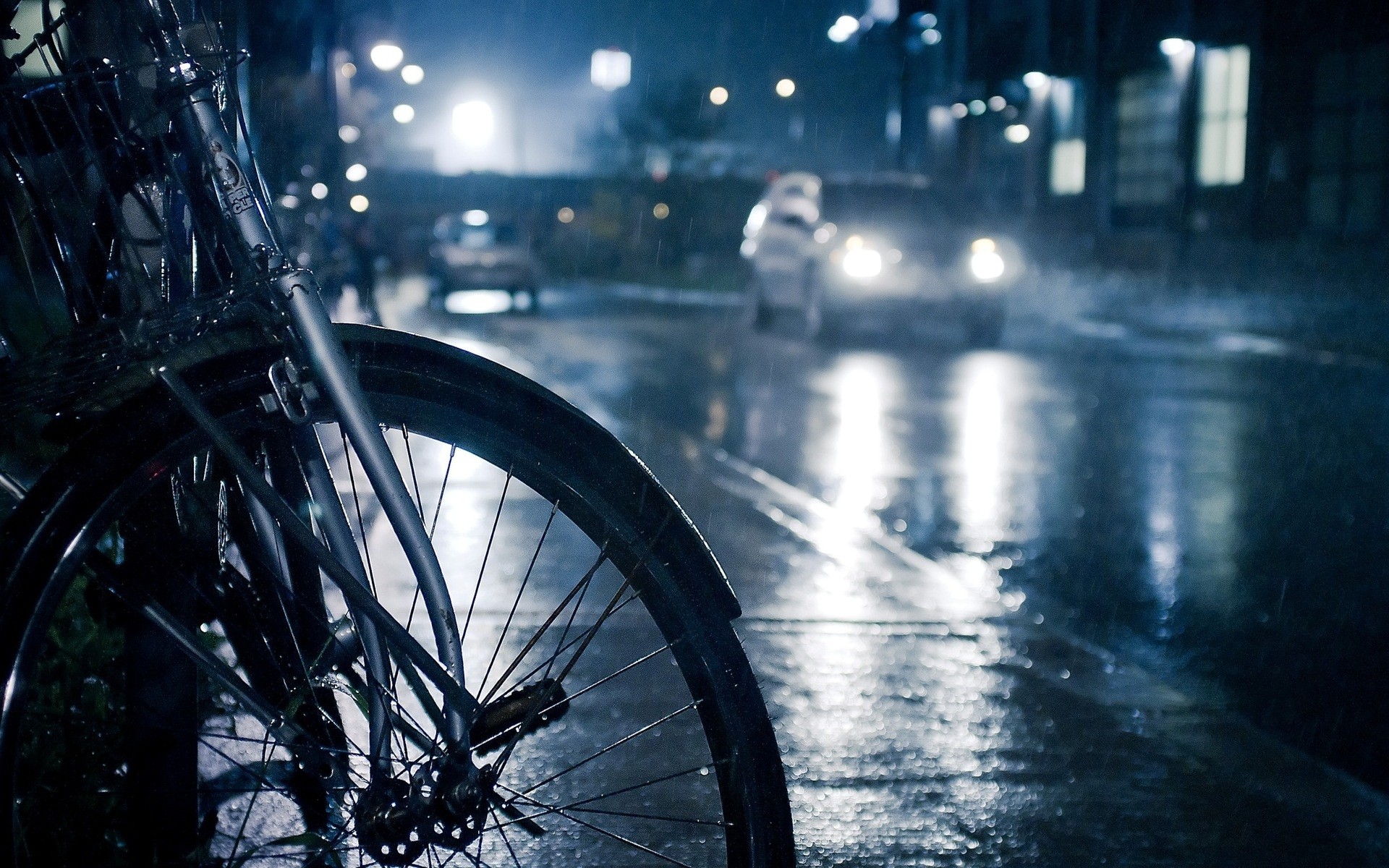 streets, rain, cars, bicycles - desktop wallpaper