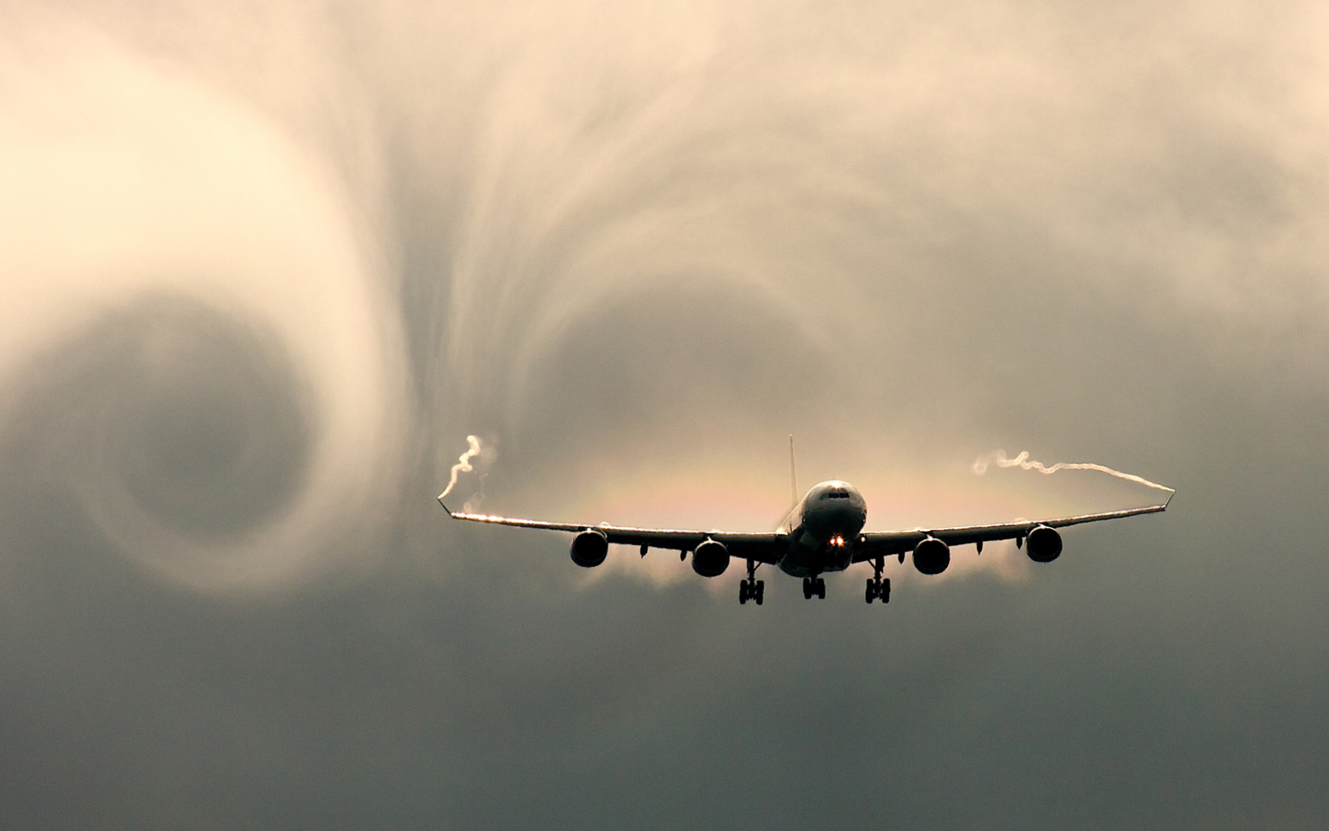 airplanes, Airbus A340, vortex, contrails, skyscapes - desktop wallpaper