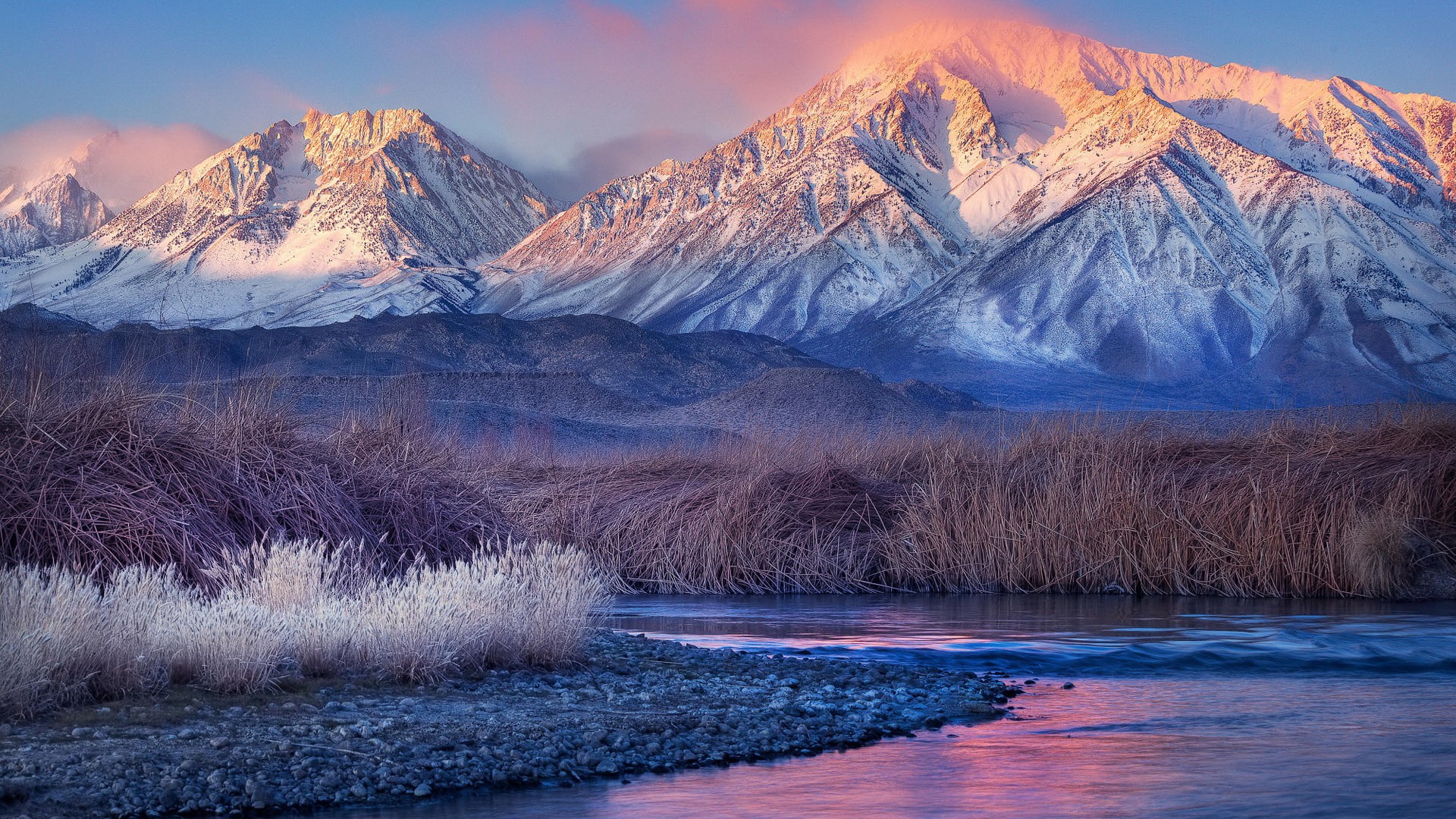 sunset, mountains, landscapes, nature, snow, grass, rivers - desktop wallpaper