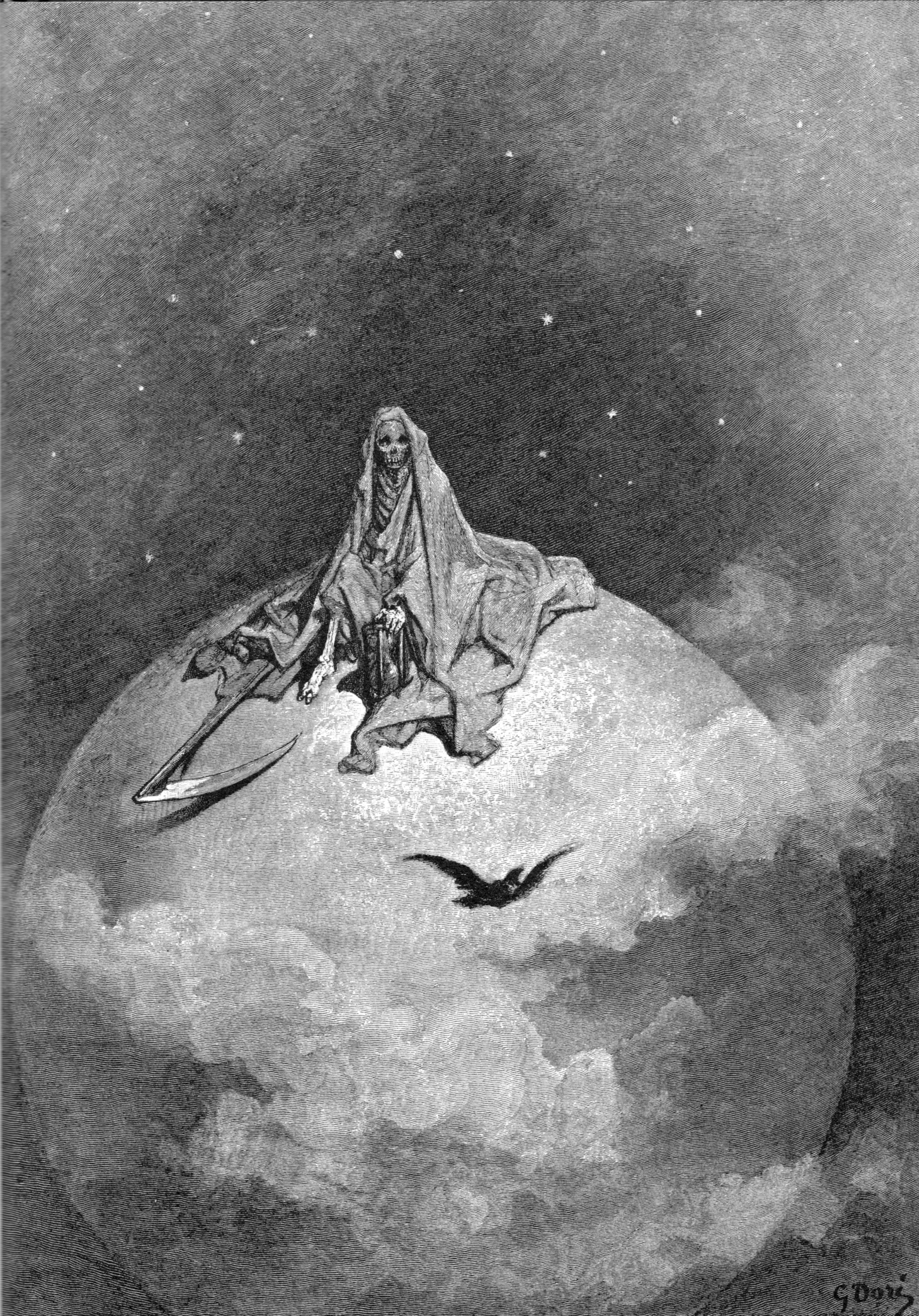 scythe, grayscale, skeletons, The Raven, artwork, Edgar Allan Poe, Gustave  Dore - desktop wallpaper