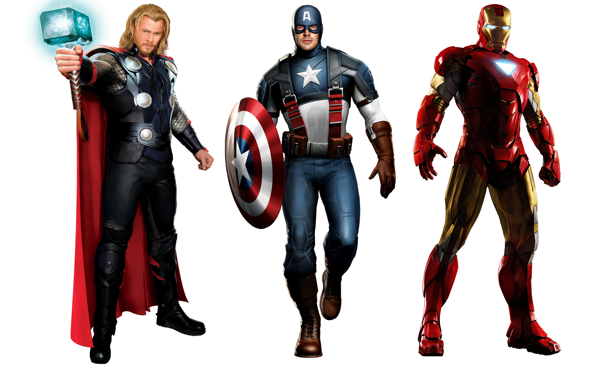 Iron Man, Thor, Captain America, artwork, Chris Evans, Marvel, Chris Hemsworth, The Avengers (movie), white background - desktop wallpaper