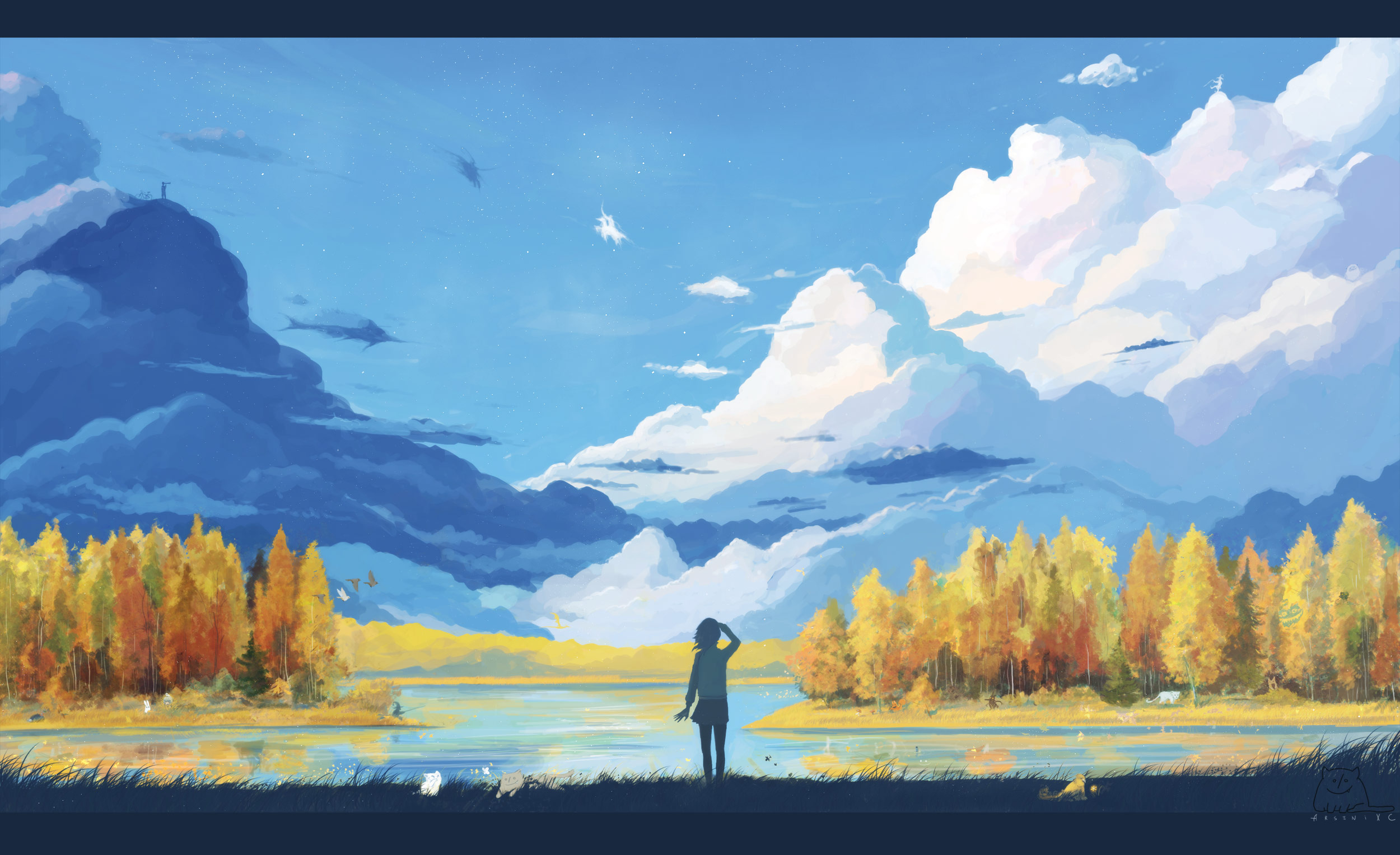 clouds, landscapes, trees, silhouettes, scenic, ArseniXC, original characters - desktop wallpaper
