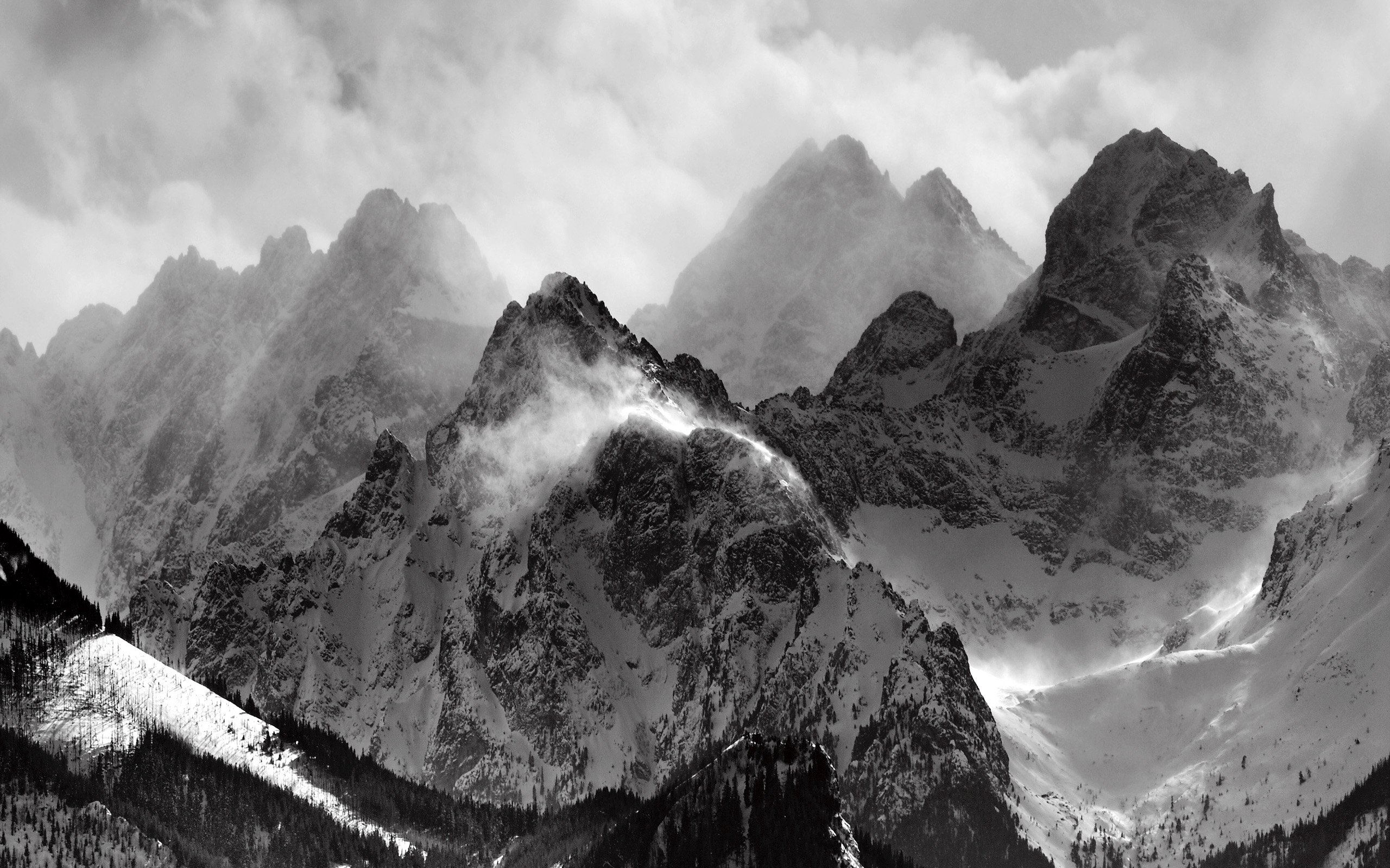 mountains, clouds, glacier, grayscale, monochrome - desktop wallpaper