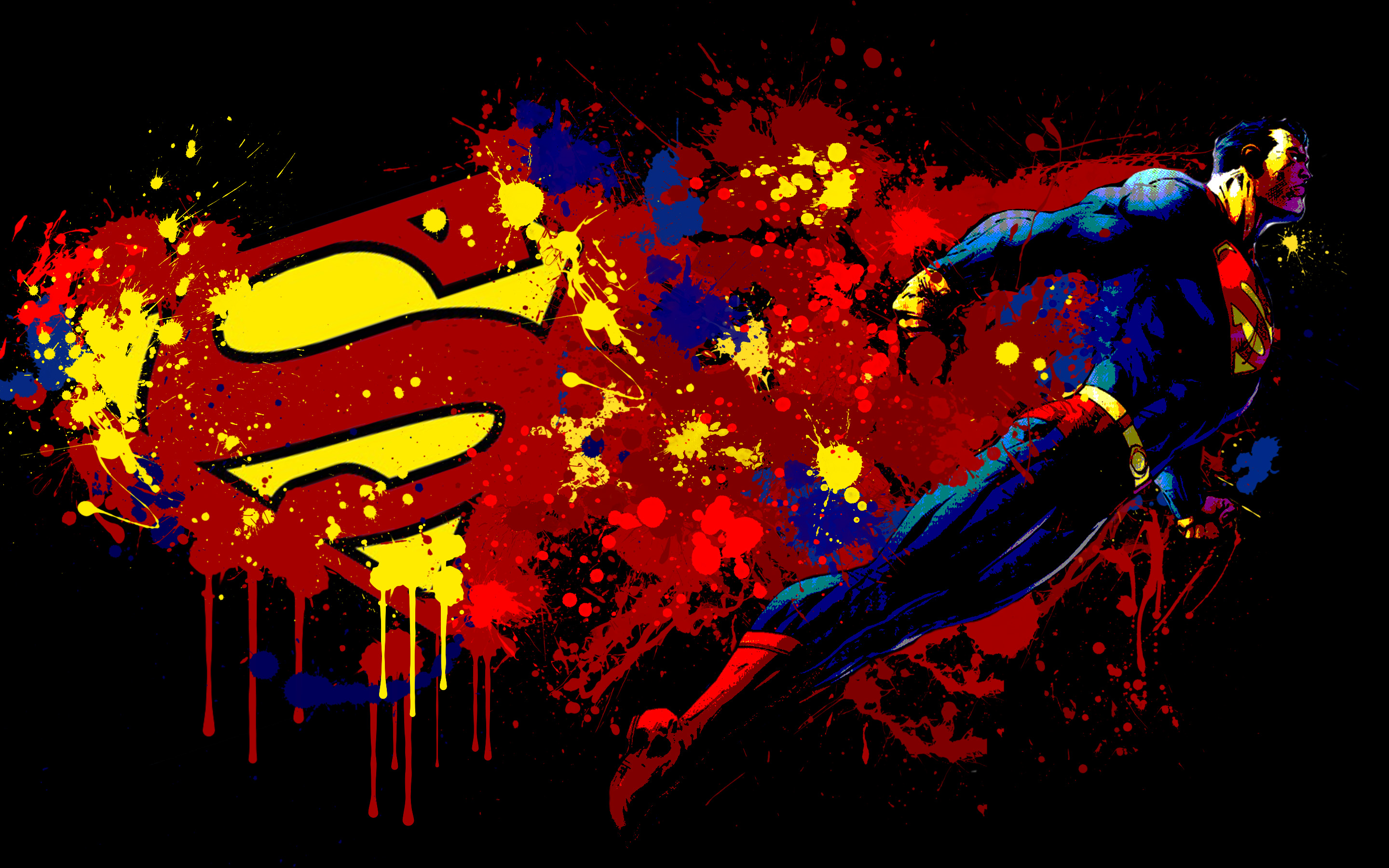 Superman, superheroes, Superman Logo, black background, paint splatter - desktop wallpaper