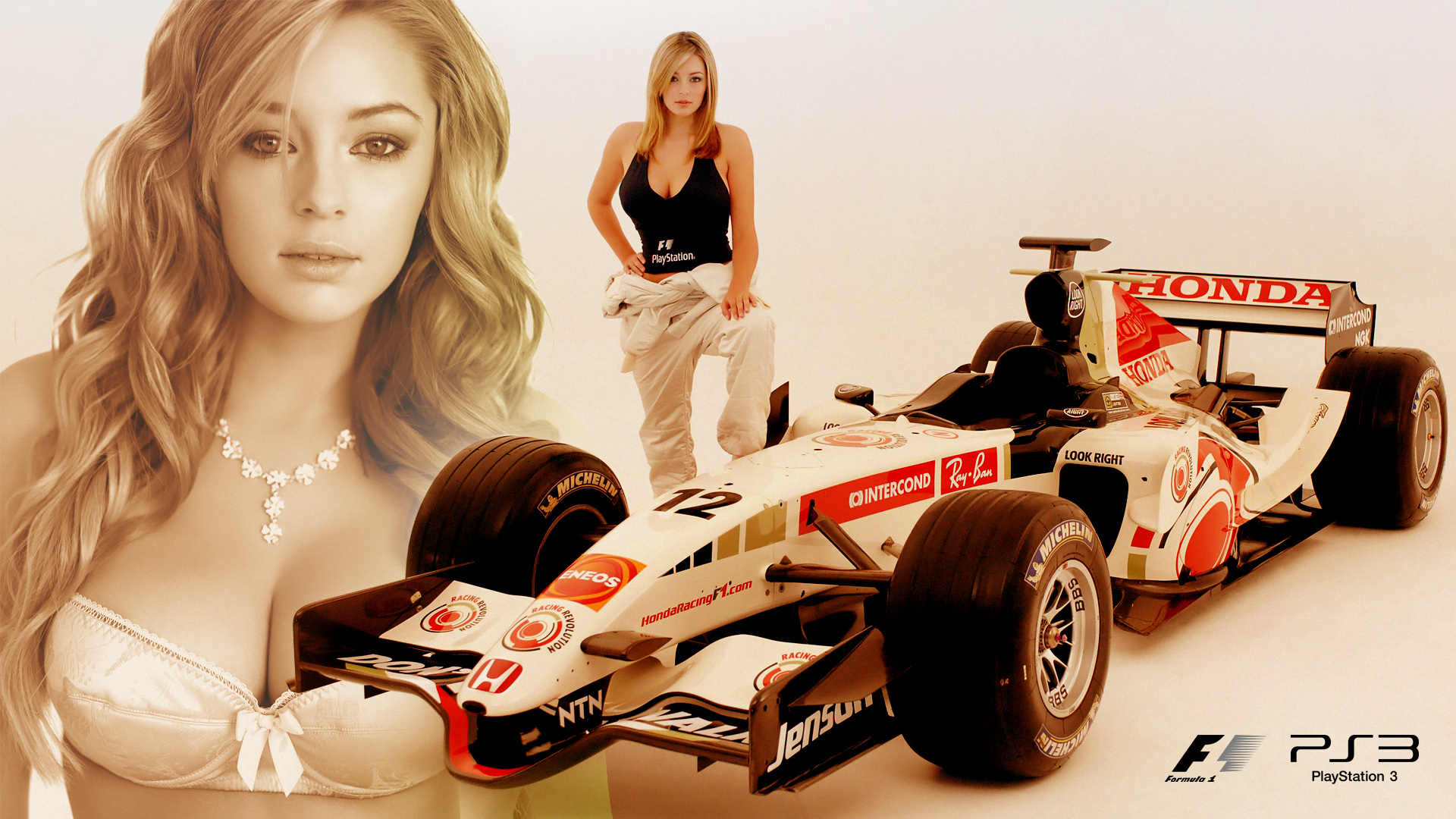 blondes, women, Honda, cars, bra, models, Keeley Hazell, Formula One, girls with cars, Playstation 3 - desktop wallpaper