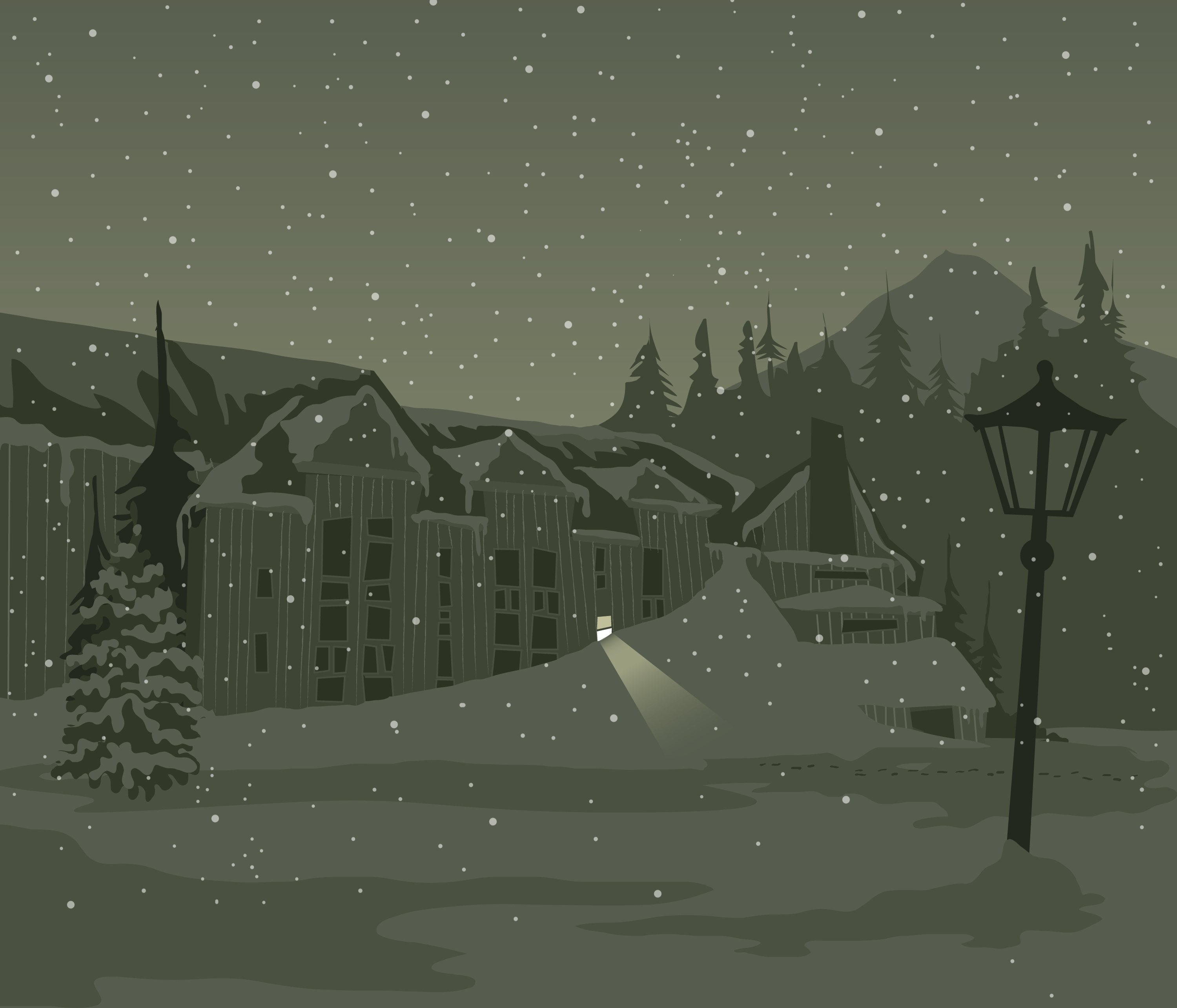 snow, night, buildings, lamp posts - desktop wallpaper