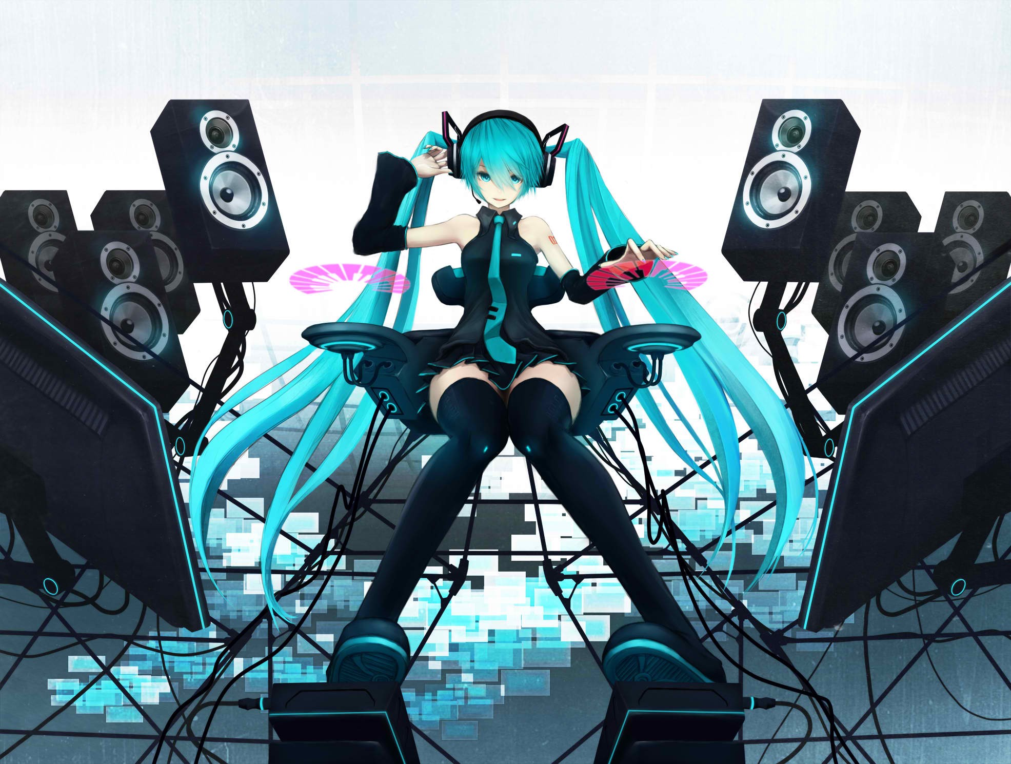 Vocaloid, Hatsune Miku, speakers, twintails, anime, aqua hair, detached sleeves - desktop wallpaper