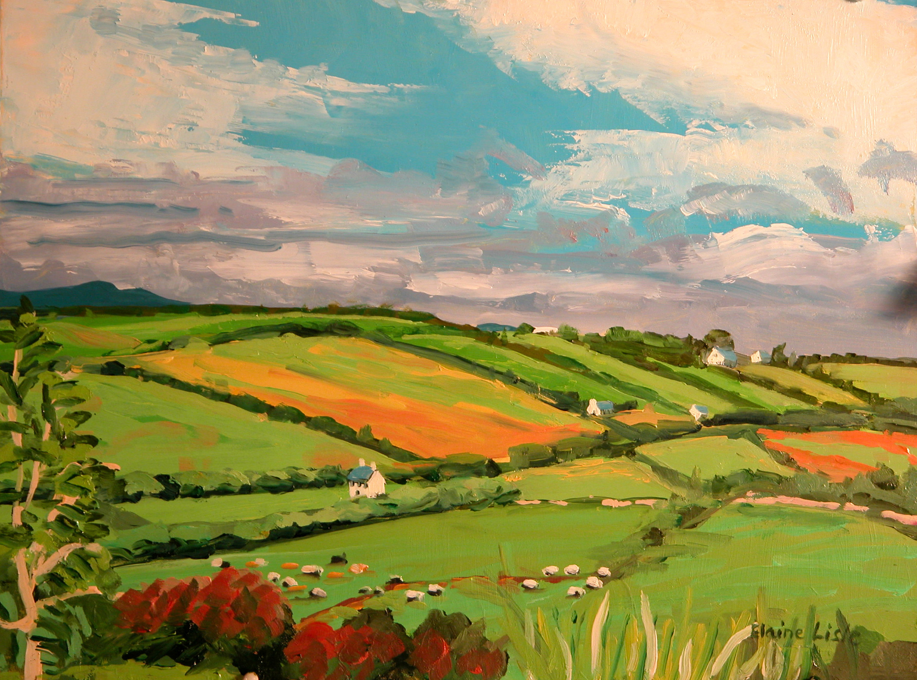 paintings, clouds, landscapes, fields, hills, villages - desktop wallpaper