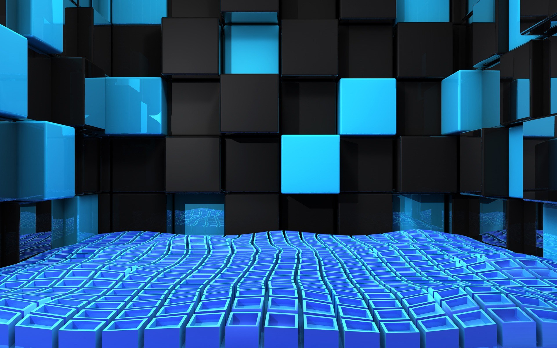 3D view, abstract, blue, black, wall, design, cubes - desktop wallpaper
