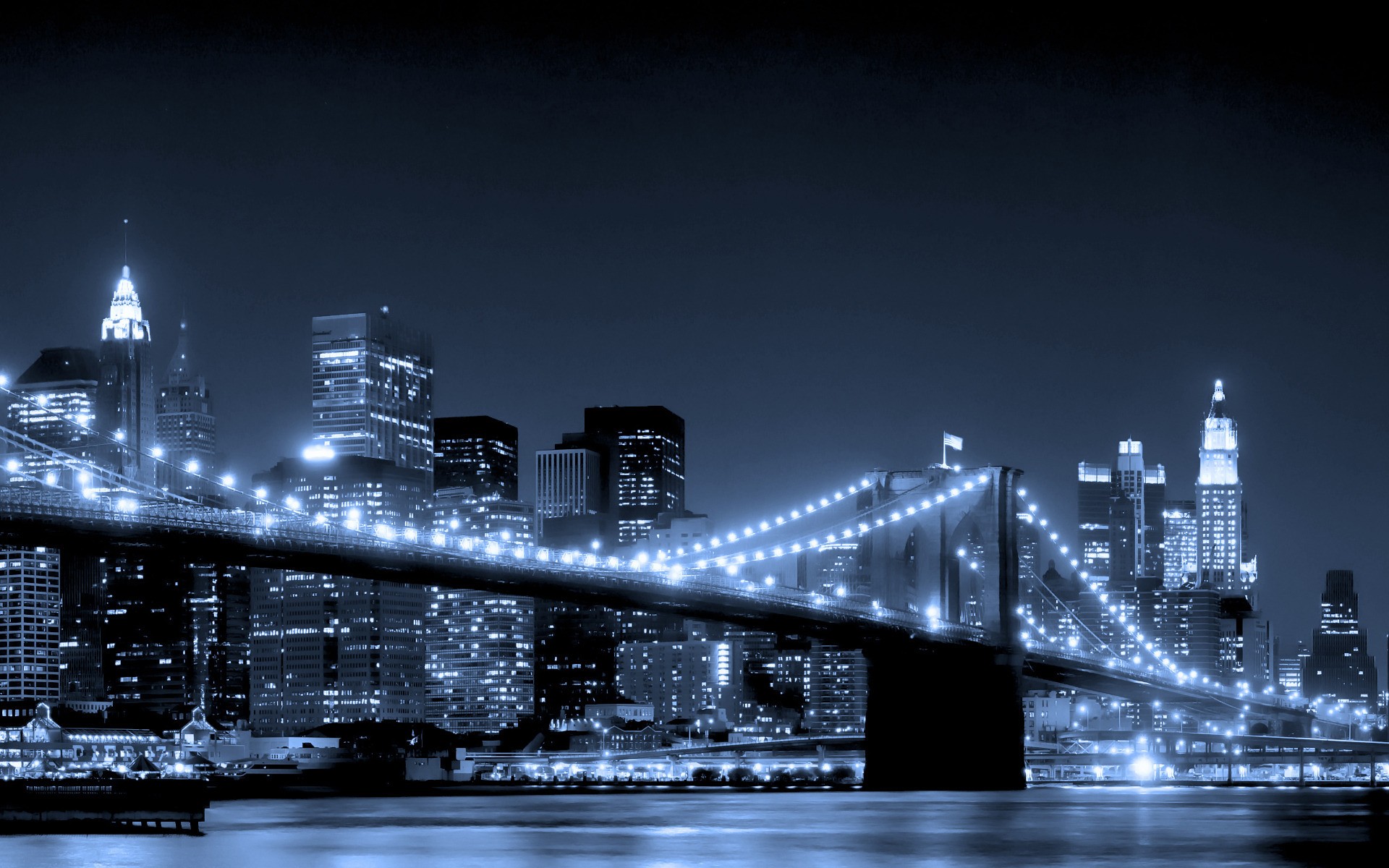 cityscapes, night, bridges, buildings, Brooklyn Bridge, New York City - desktop wallpaper