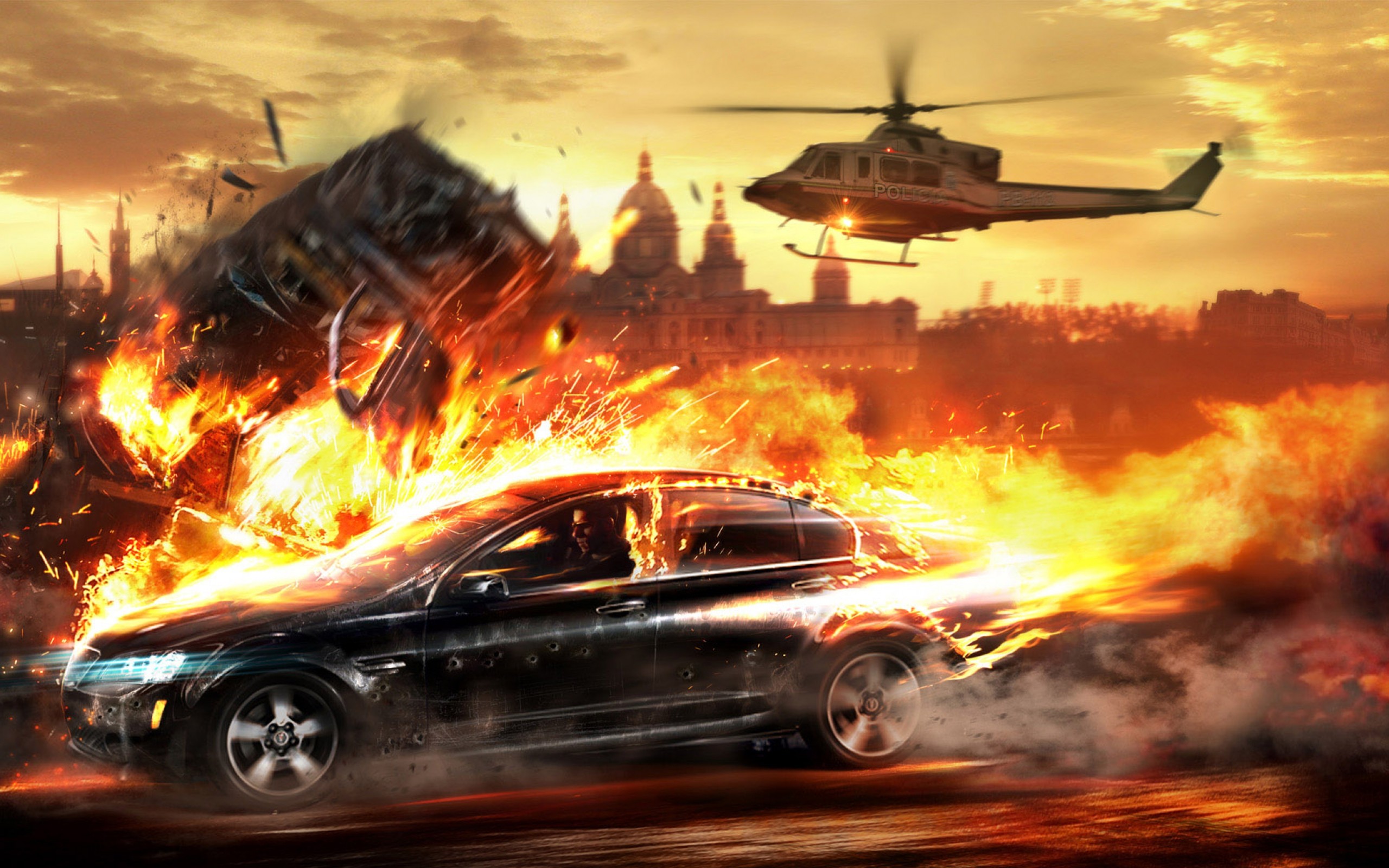 video games, cityscapes, helicopters, cars, explosions, fire, police, destruction - desktop wallpaper
