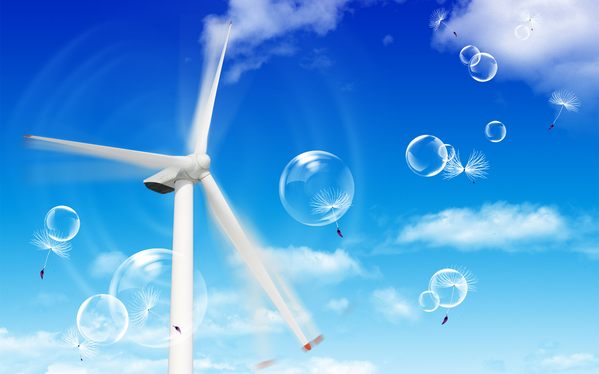 bubbles, dandelions, windmills, blue skies - desktop wallpaper