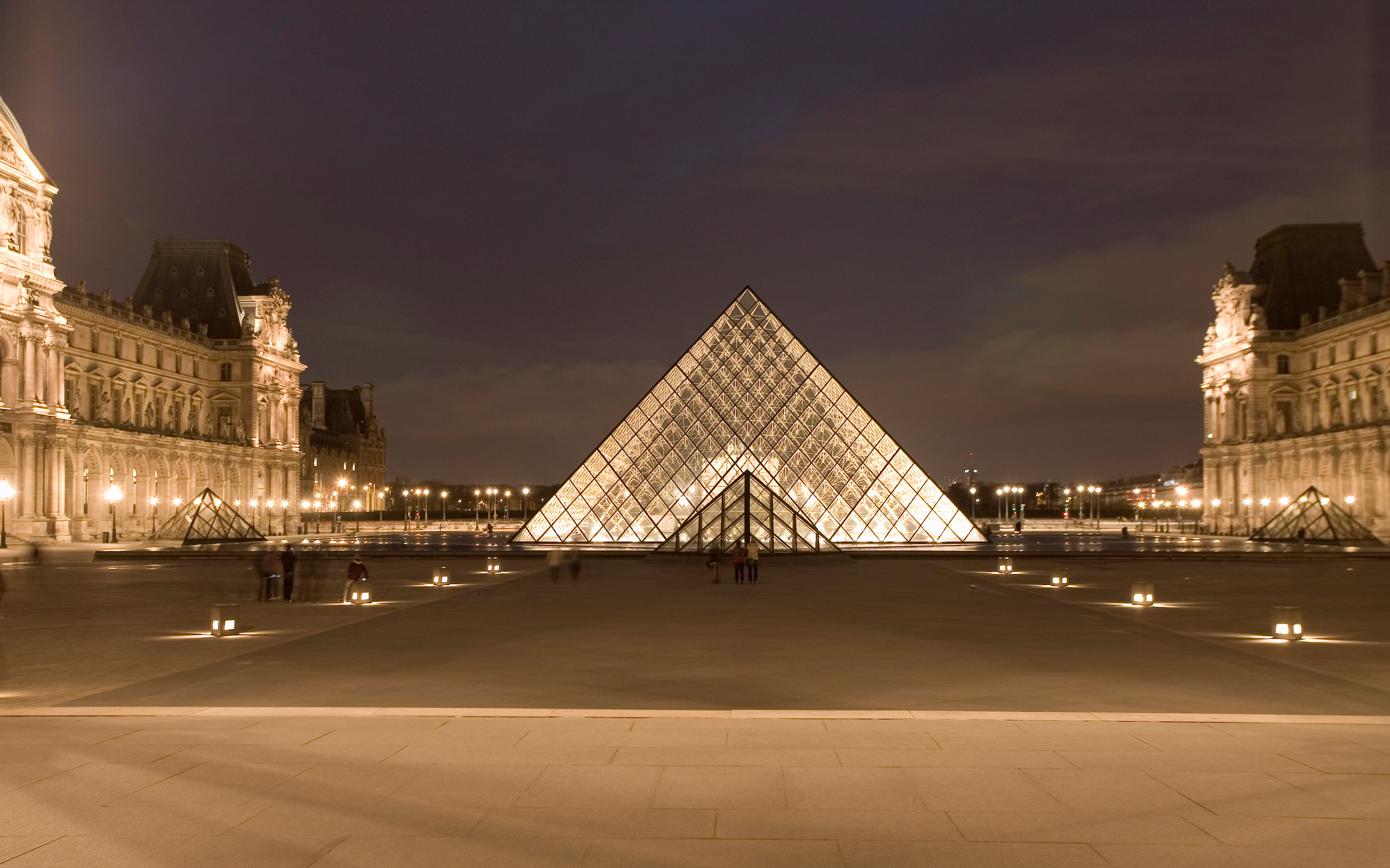 Paris, lights, France, buildings, Europe, pyramids, Louvre museum - desktop wallpaper