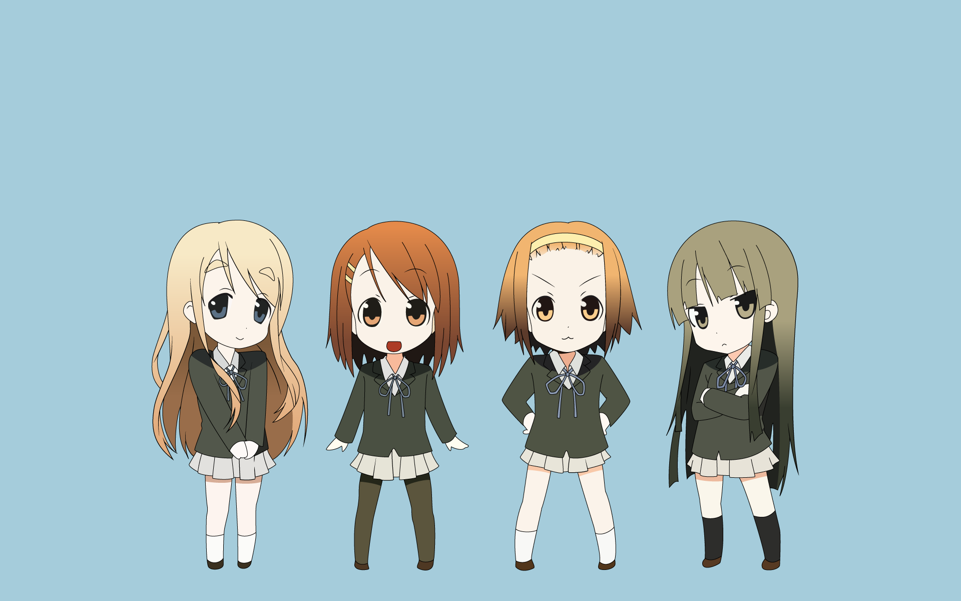 K-ON!, school uniforms, Hirasawa Yui, Akiyama Mio, Tainaka Ritsu, Kotobuki Tsumugi, simple background, knee socks - desktop wallpaper