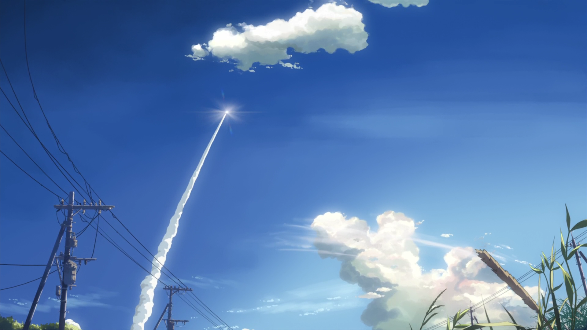 clouds, Makoto Shinkai, power lines, 5 Centimeters Per Second, contrails, skyscapes, low-angle shot, skies - desktop wallpaper